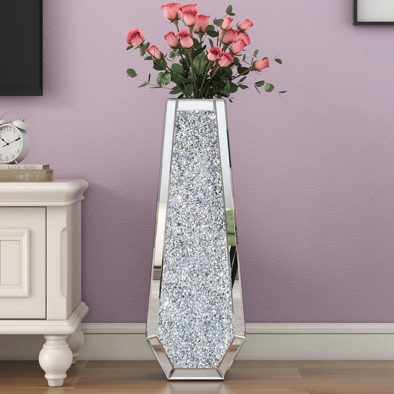 30" Tall Silver Glass Floor Vase with Crushed Diamond Mirror