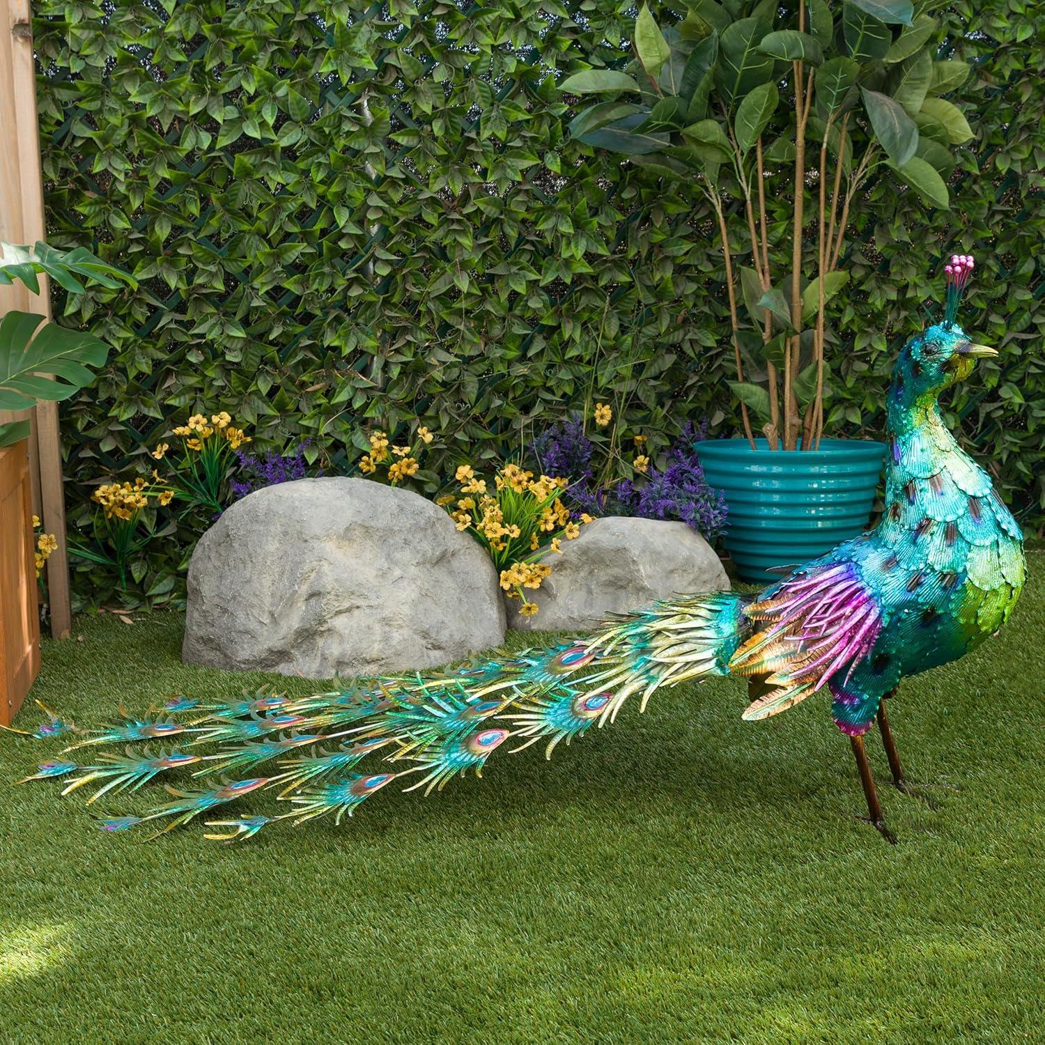 Alpine Corporation Jumbo Size Blue Majestic Tail Down Peacock Décor: 53"L Iron Garden Statue
