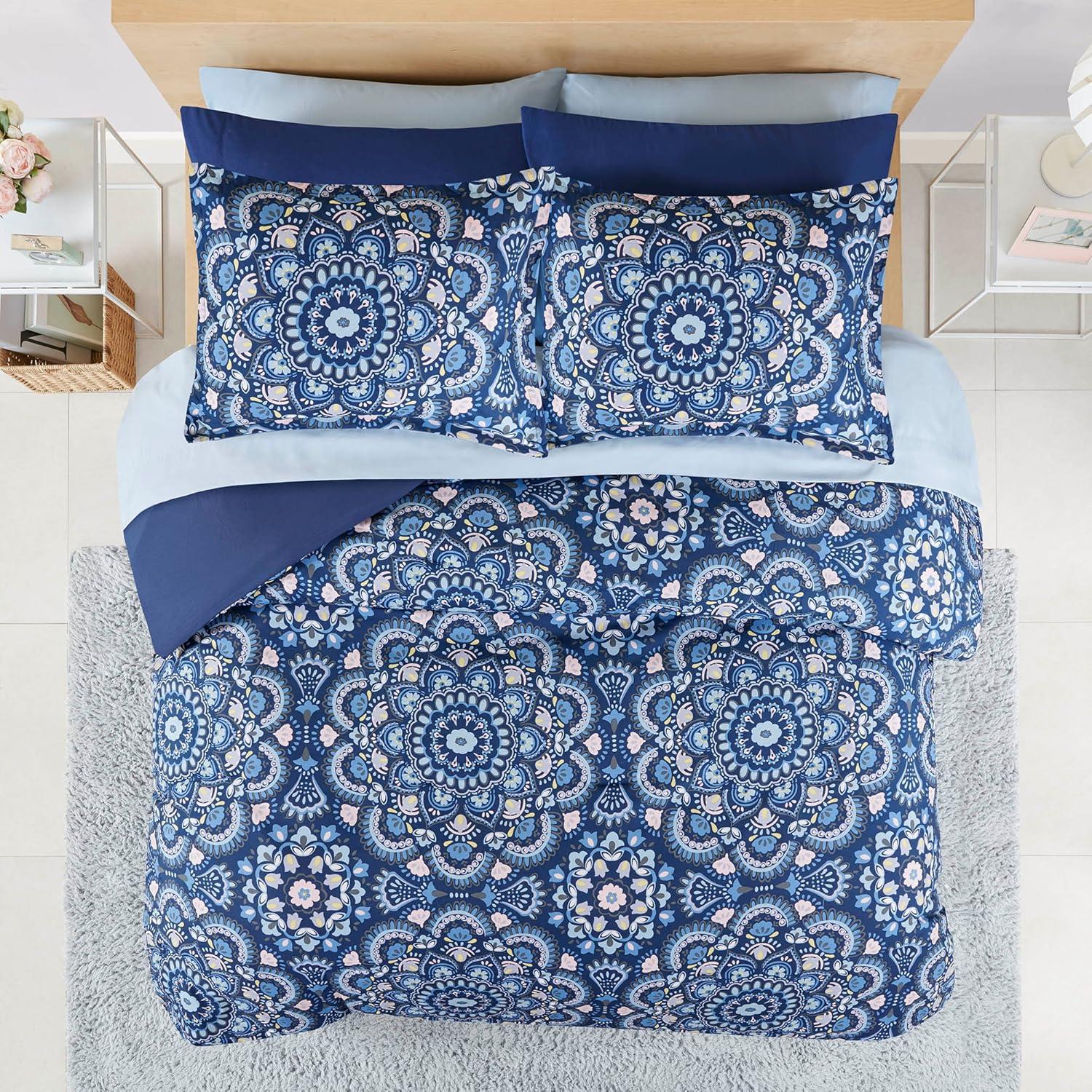 Queen Blue Microfiber Reversible Bed in a Bag Set