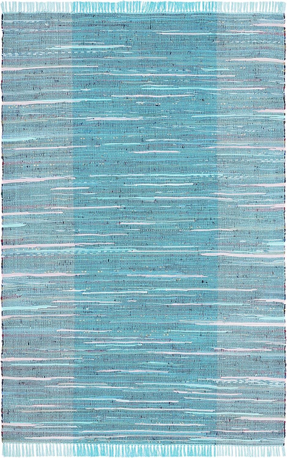 SAFAVIEH Rag Romeo Striped Fringe Cotton Area Rug, Light Blue/Grey, 2' x 3'