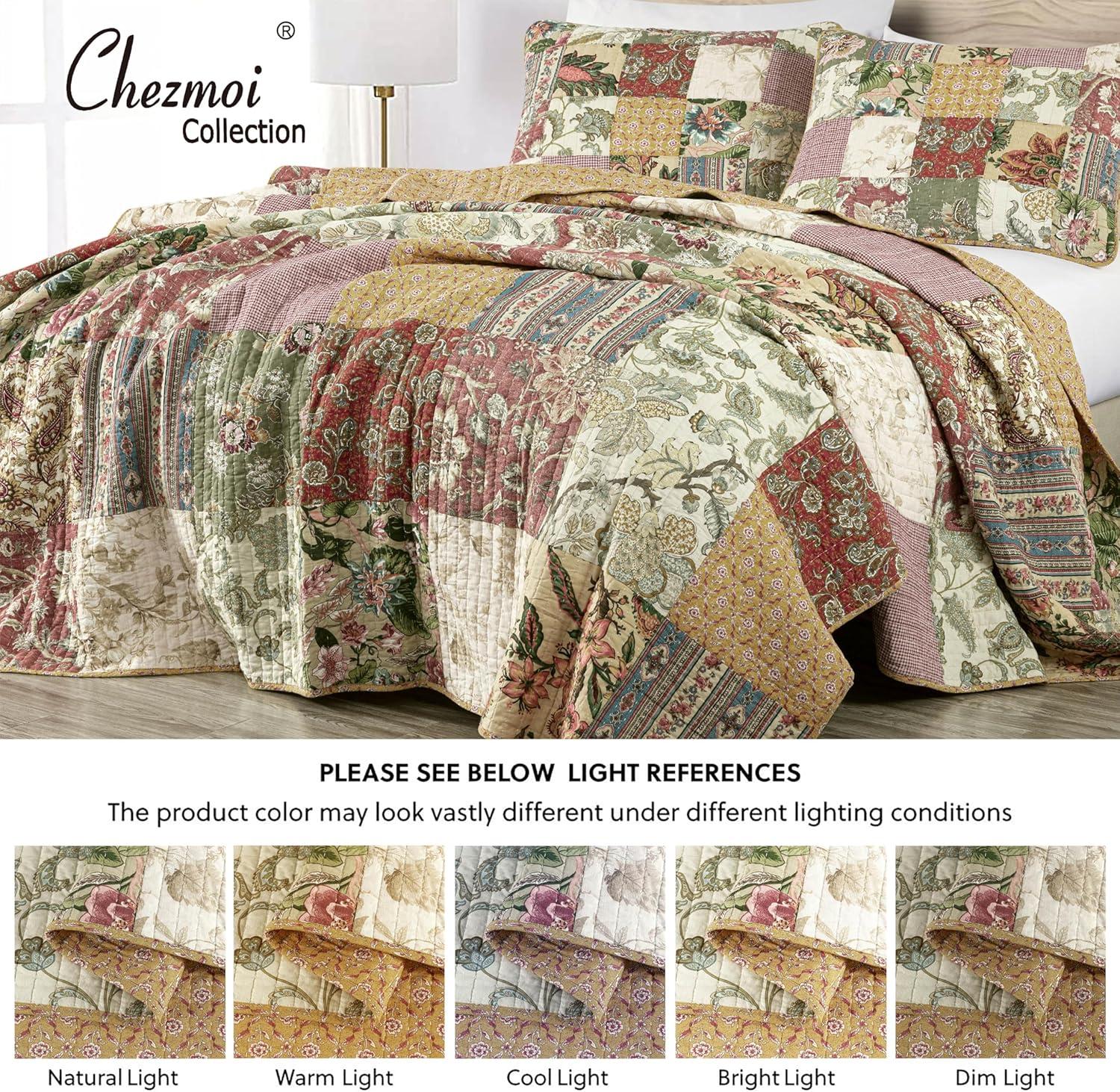 Chezmoi Collection Delaney 3-Piece Floral Patchwork Reversible 100% Cotton Vintage Washed Quilt Set