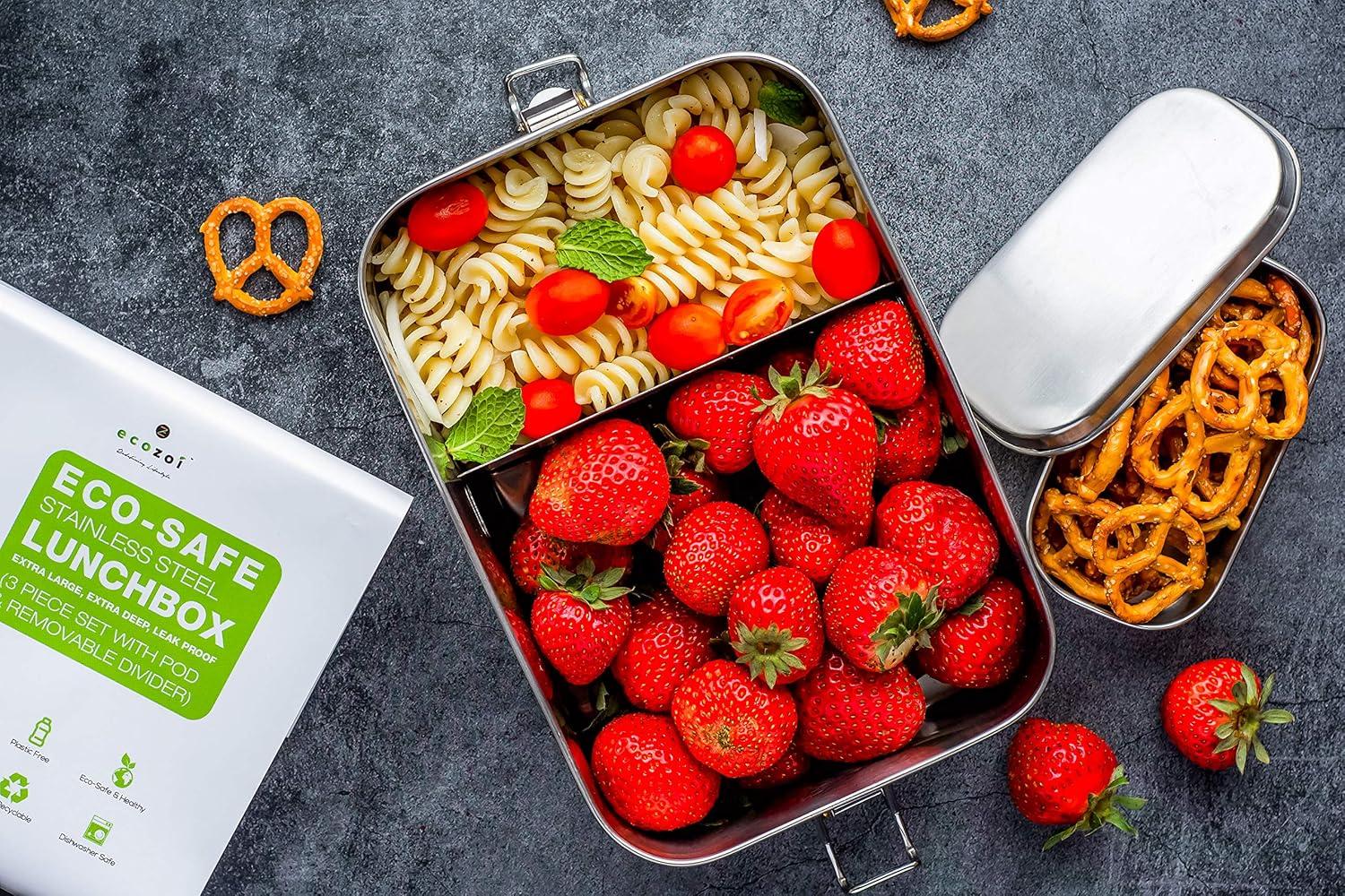 Ecozoi Stainless Steel Lunch Box, Leak Proof 1-Tier Eco Metal Bento Box with Bonus POD | Sustainable Zero Waste Eco Friendly Tiffin Food Storage Container