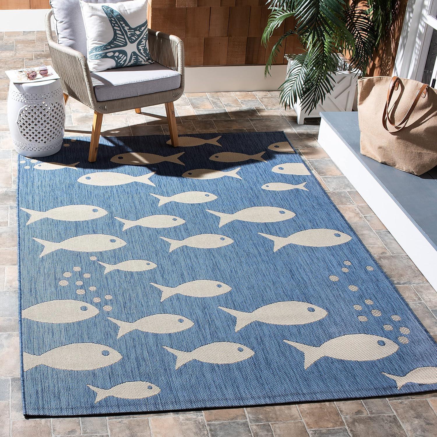 Coastal Charm 5'3" Square Blue/Beige Synthetic Area Rug