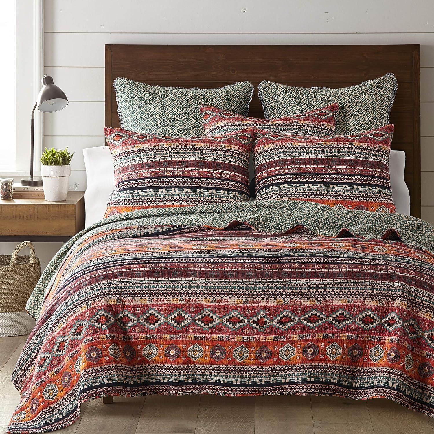 Vista Aztec Stripe Quilt Set - Full/Queen Quilt and Two Standard Pillow Shams Orange, Green, Black - Levtex Home