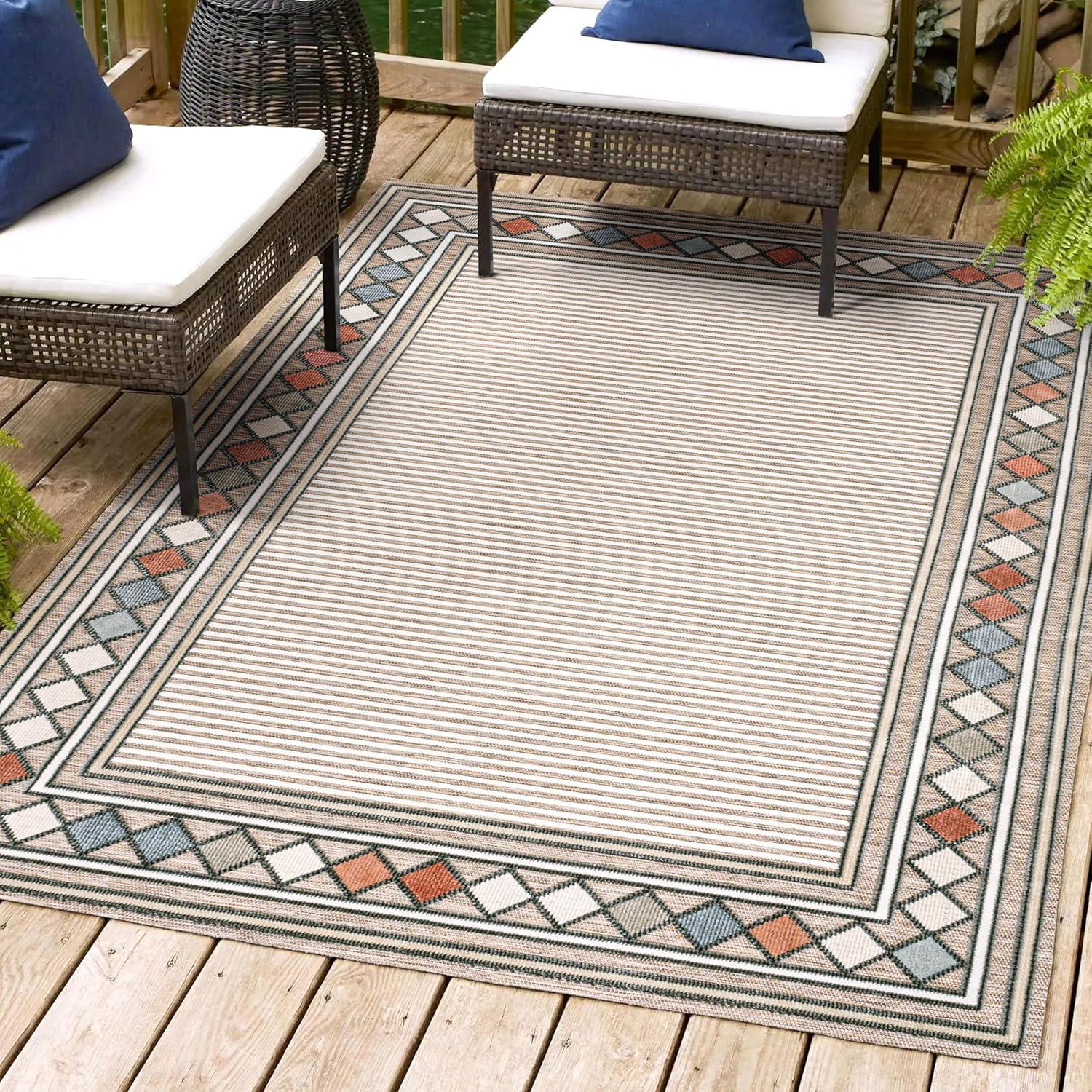 JONATHAN Y Sebastian High-Low Modern Diamond Border Brown/Ivory 3 ft. x 5 ft. Indoor/Outdoor Area Rug