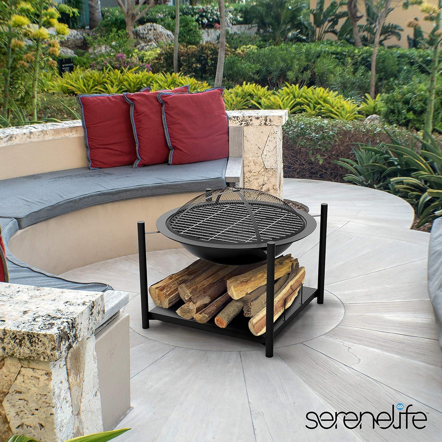 SereneLife Portable Outdoor Wood Fire Pit - 2-in-1 Steel BBQ Grill 26" Wood Burning Fire Pit Bowl w/ Mesh Spark Screen, Cover Log Grate SLCARFP54