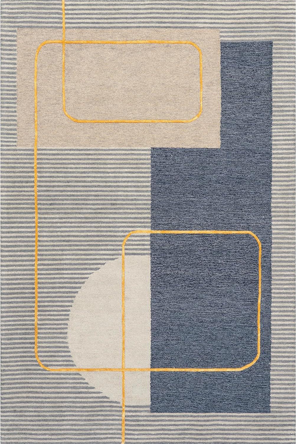 Blue and Gray Tufted Wool Striped Area Rug