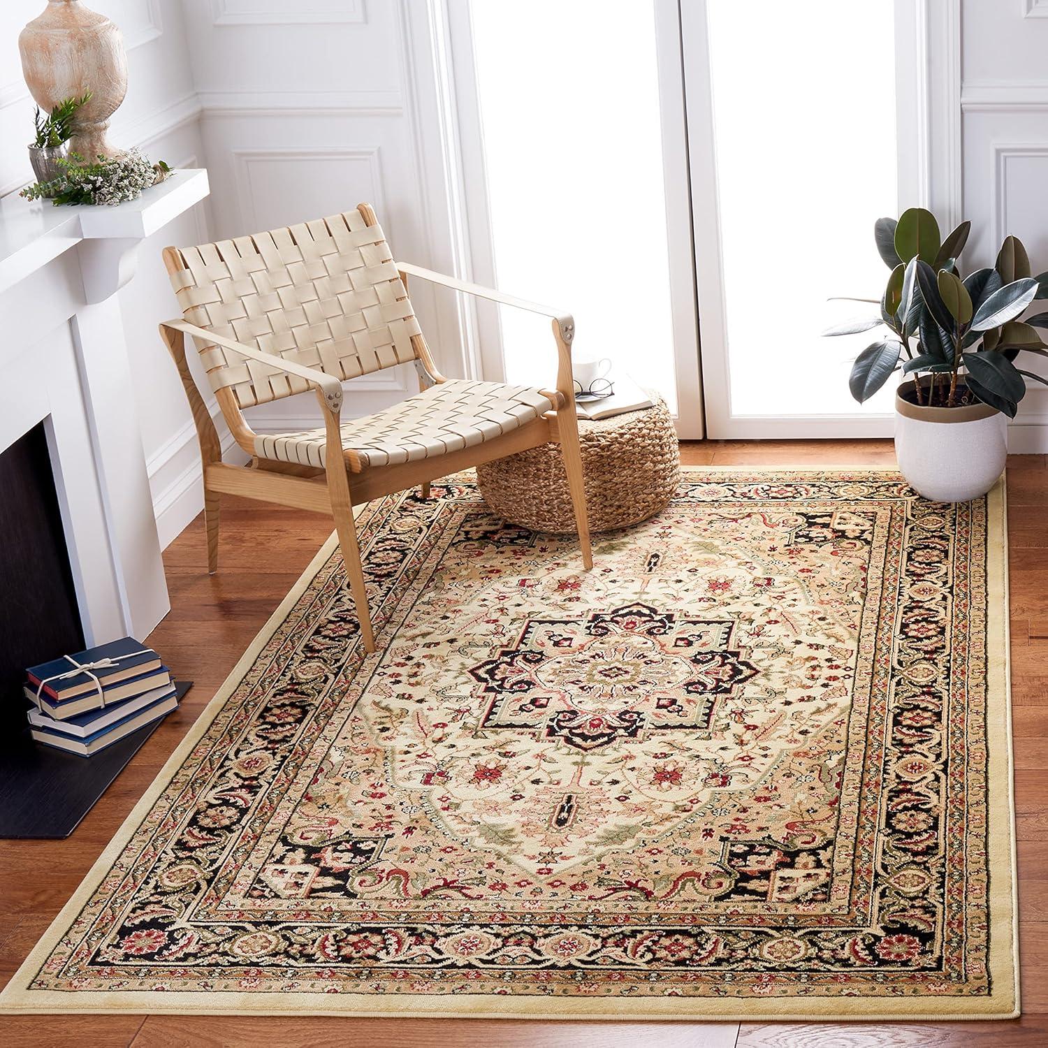 Elegant Beige & Black 4' x 6' Hand-Knotted Synthetic Area Rug