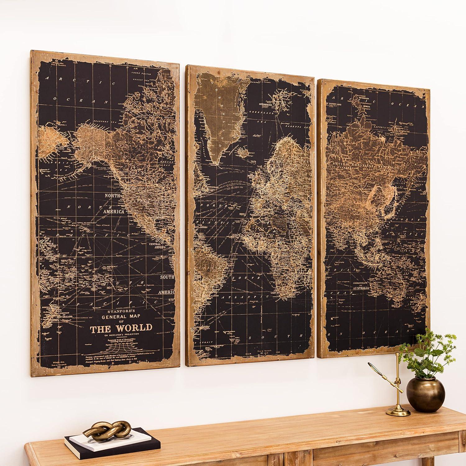 Aspire Home Accents Wood Maps Art Print, Set of 3 - 48"x22"