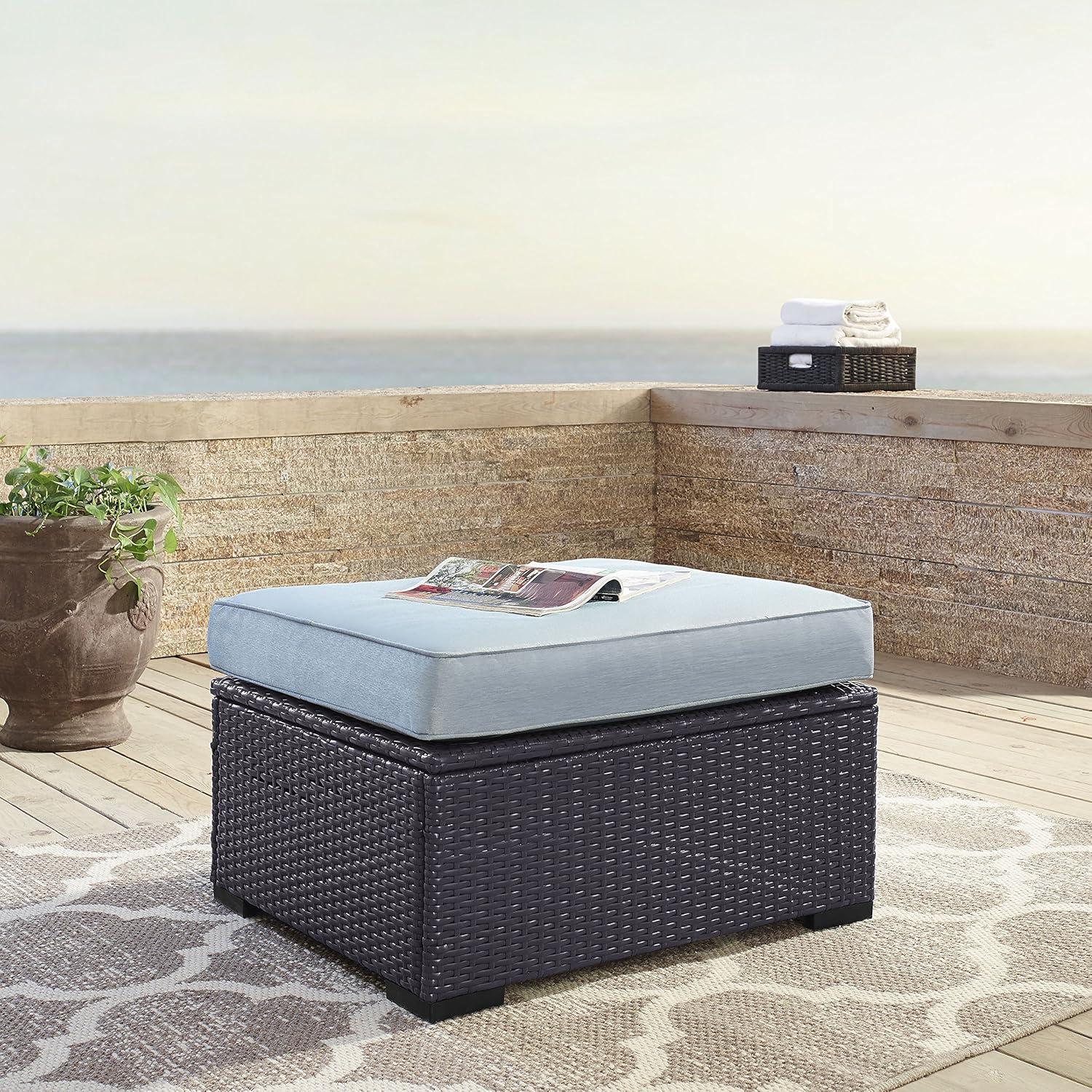 Biscayne Ottoman with Mist Cushions - Brown/Mist - Crosley: Wicker Patio Footrest, UV-Resistant, Polyurethane Foam Fill