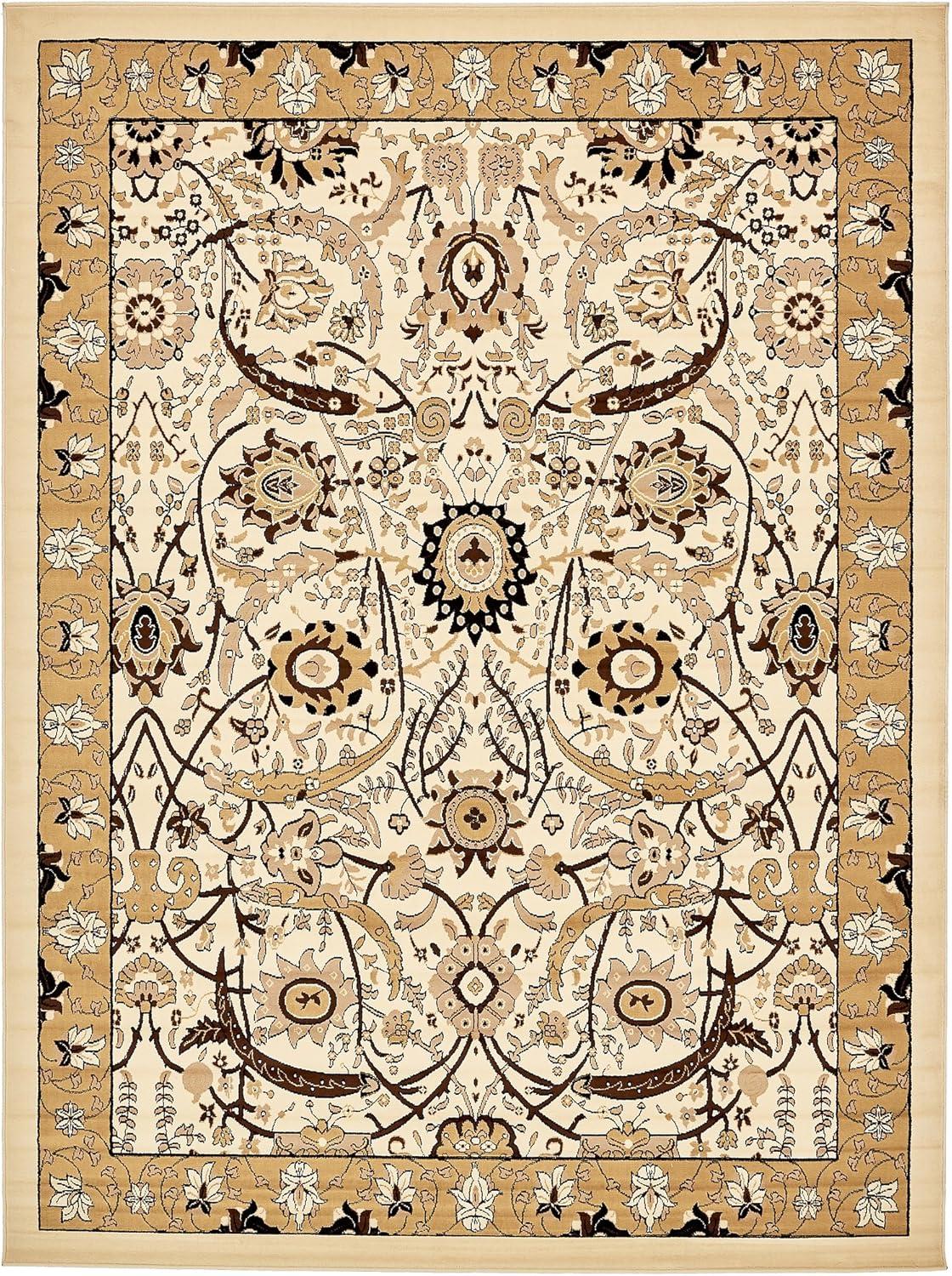 Ivory and Light Brown 9' x 12' Stain-Resistant Synthetic Rug