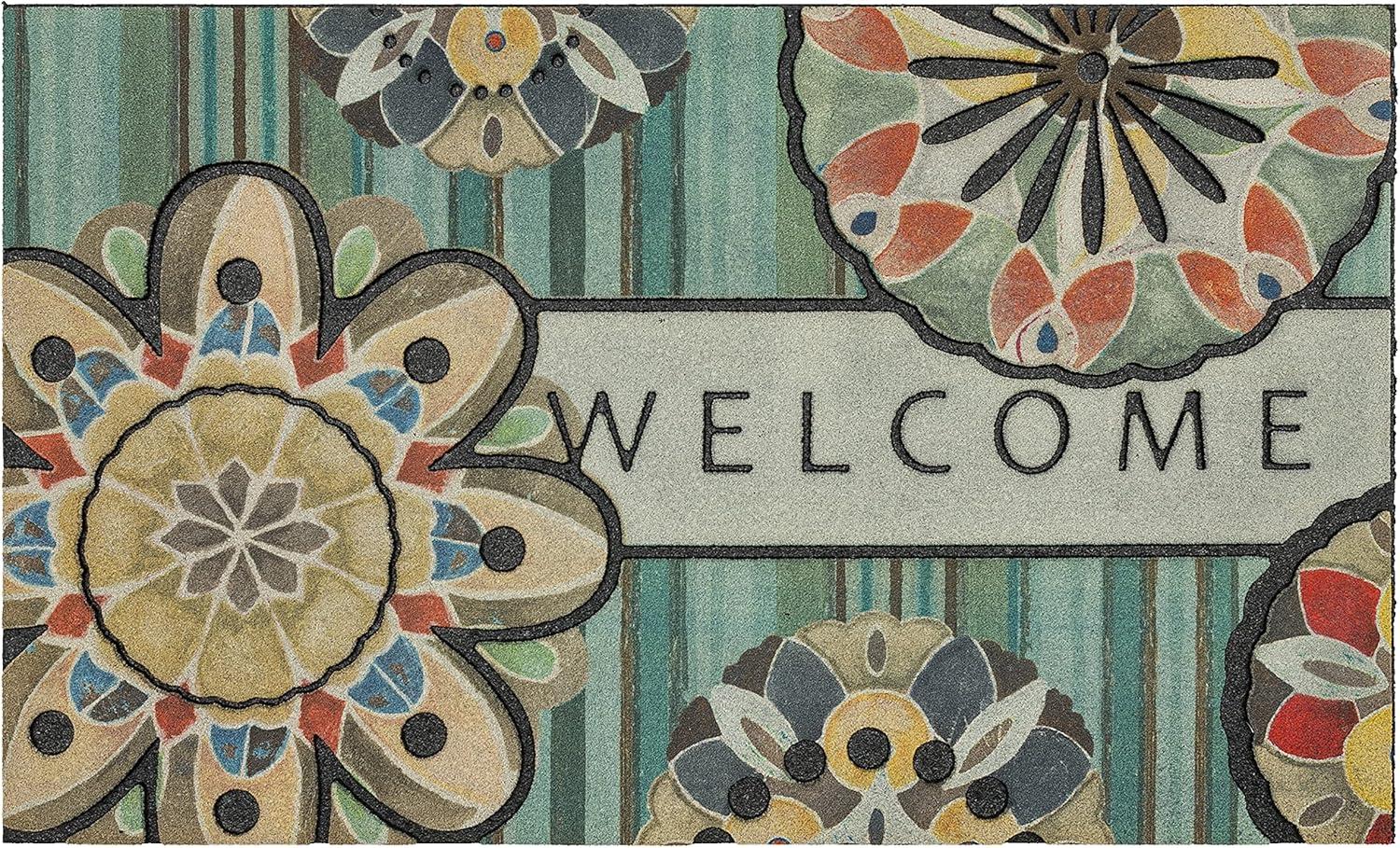 Blue Floral Medallion Recycled Rubber Welcome Doormat