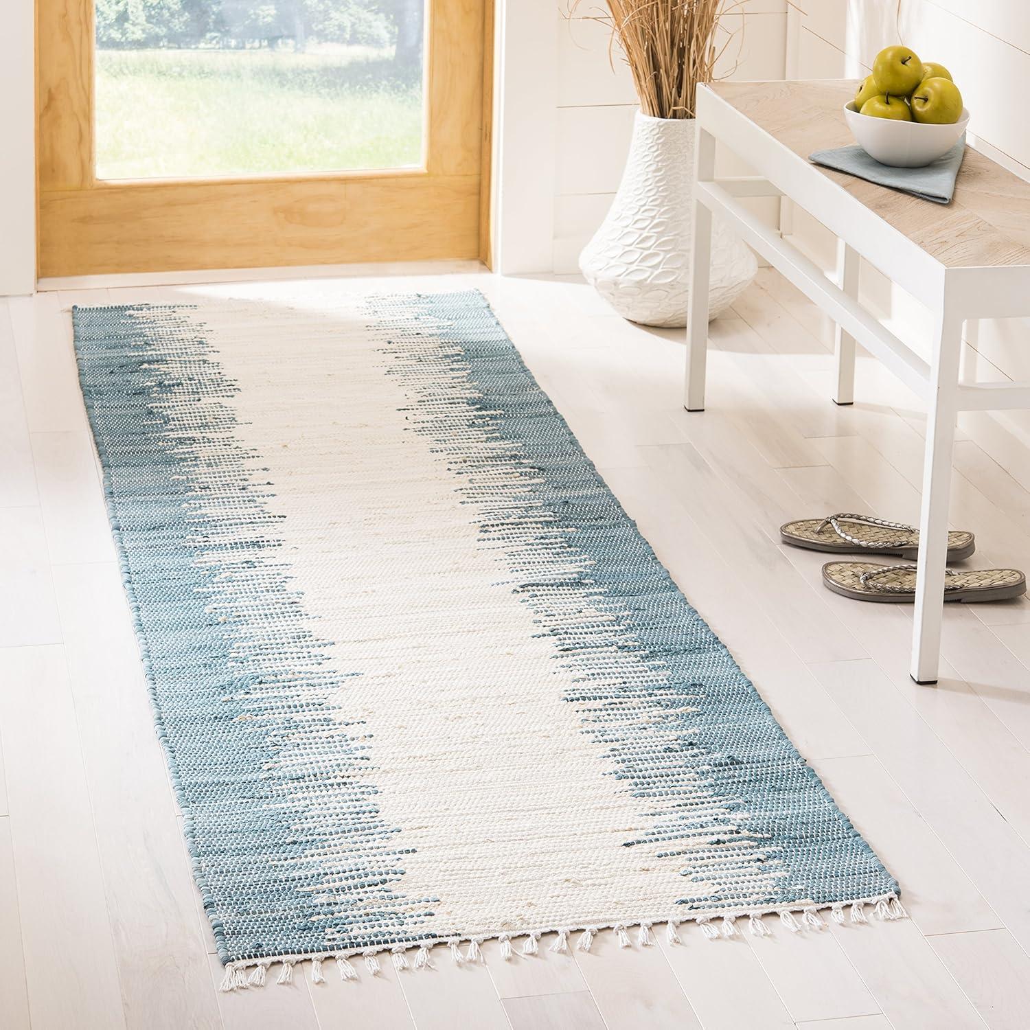 Coastal Breeze Blue Stripe Handwoven Cotton Runner Rug 2'3" x 6'