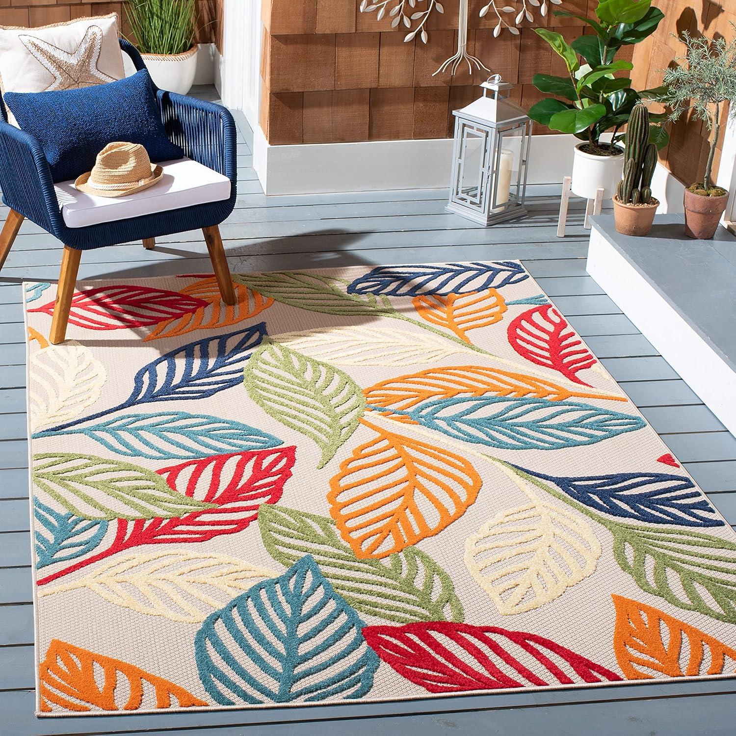 Ivory and Multicolor Floral Synthetic Rectangular Area Rug