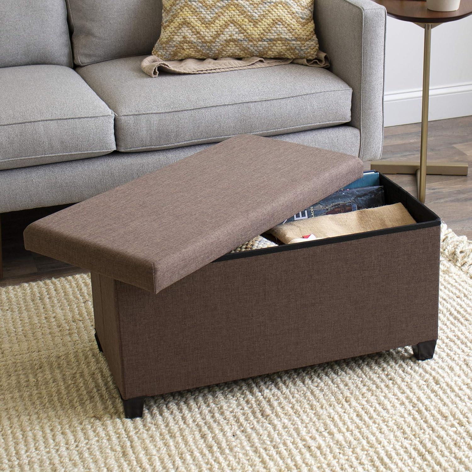 Dark Brown Rubberwood Storage Ottoman with Foam Padding