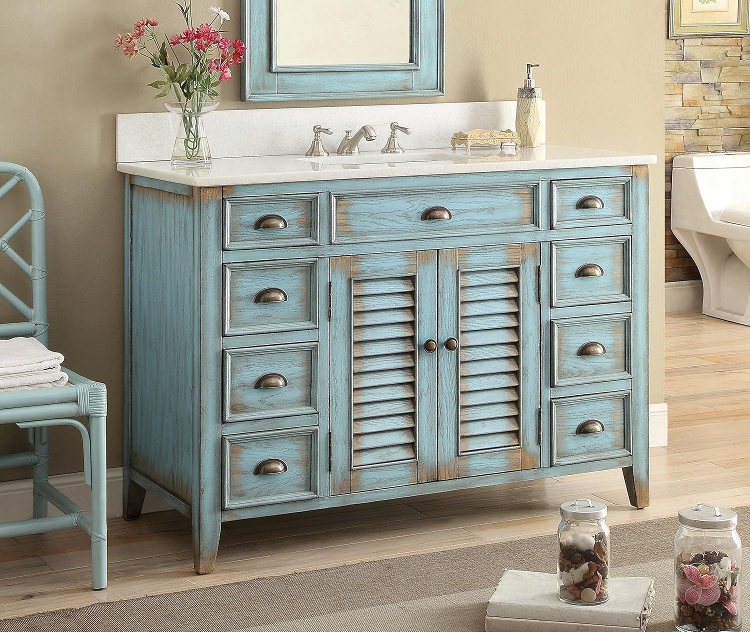 46 Inch Abbeville Distressed Blue Finish Cottage Plantation Style Bathroom Vanity with White Marble Stone Top, 4 Functional Drawers, Undermount Sink, Hardware Included