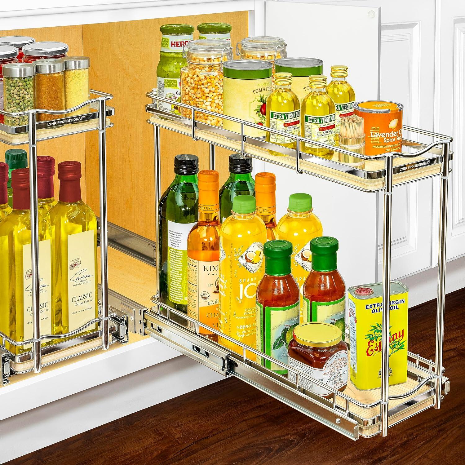 Expandable Chrome and Wood 2-Tier Pull-Out Spice Rack