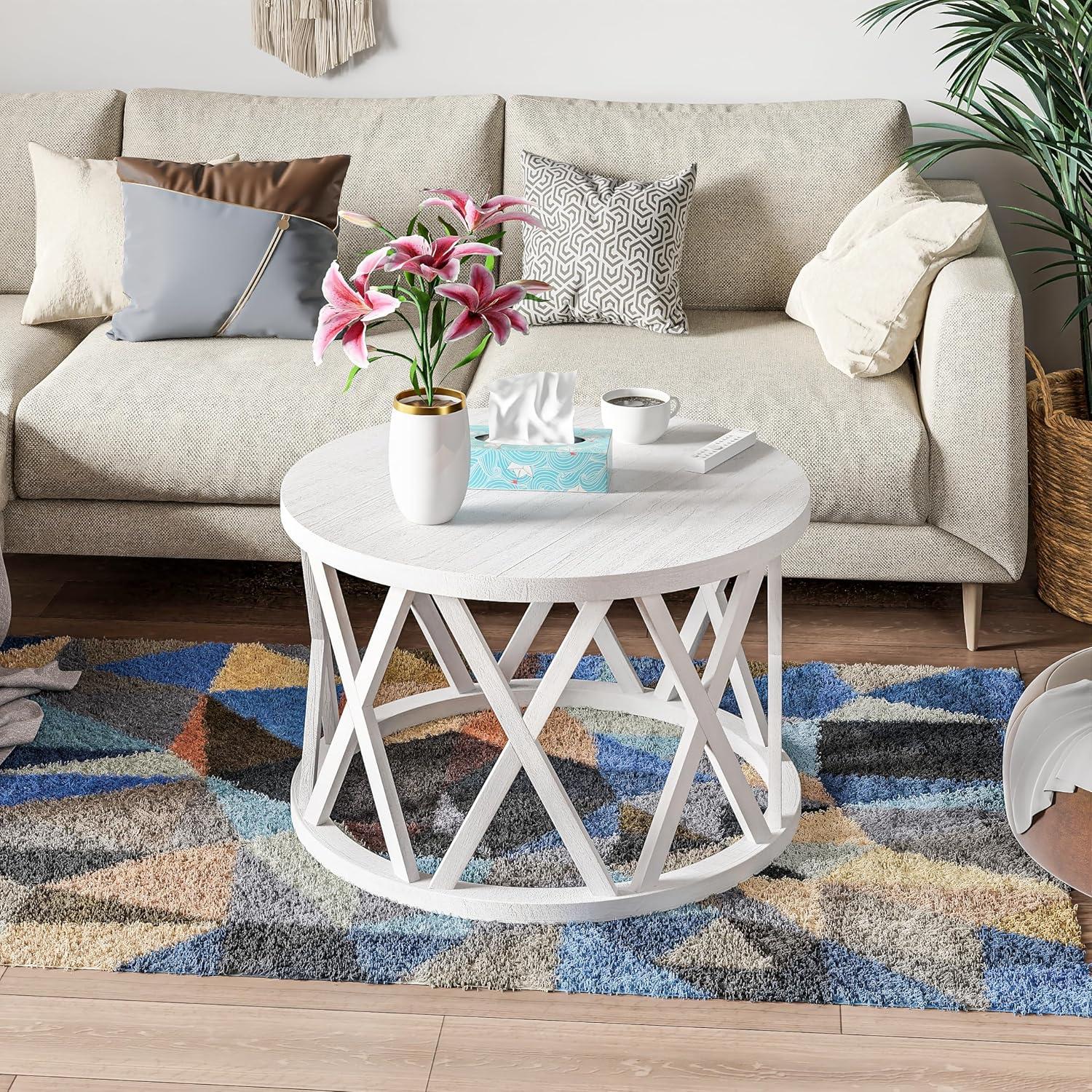 Antique White Round Wood Coffee Table with X-Motifs