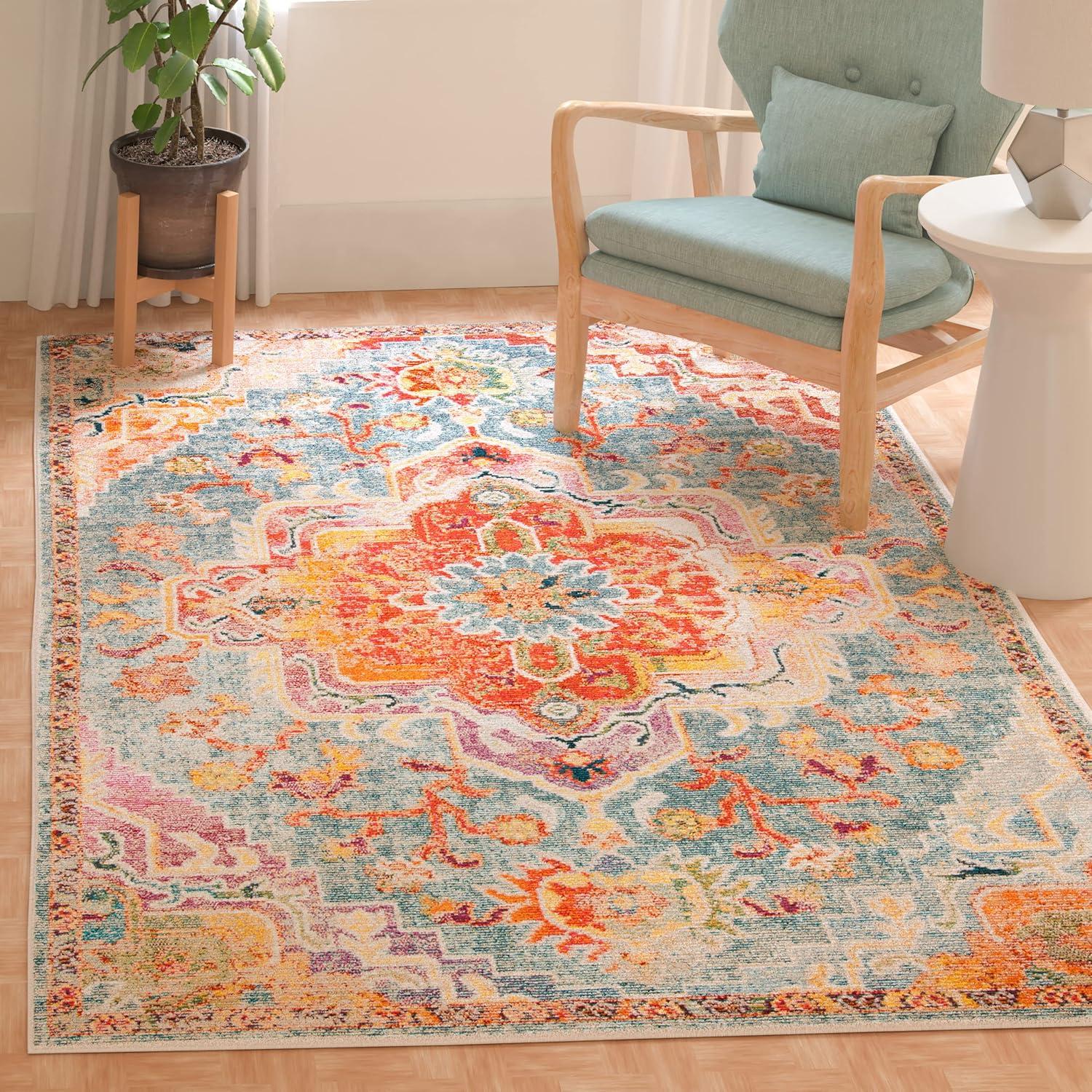 Reversible Orange/Teal Floral Synthetic 5' x 8' Area Rug