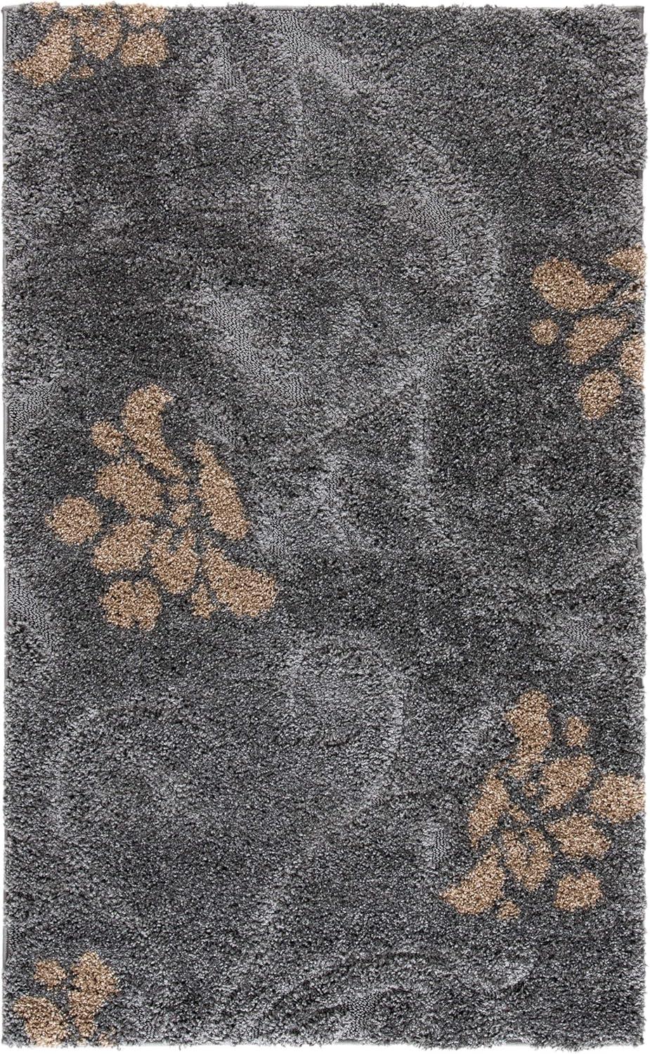 Elegant Grey Beige Floral Synthetic Shag Rug, 5'3" x 7'6"