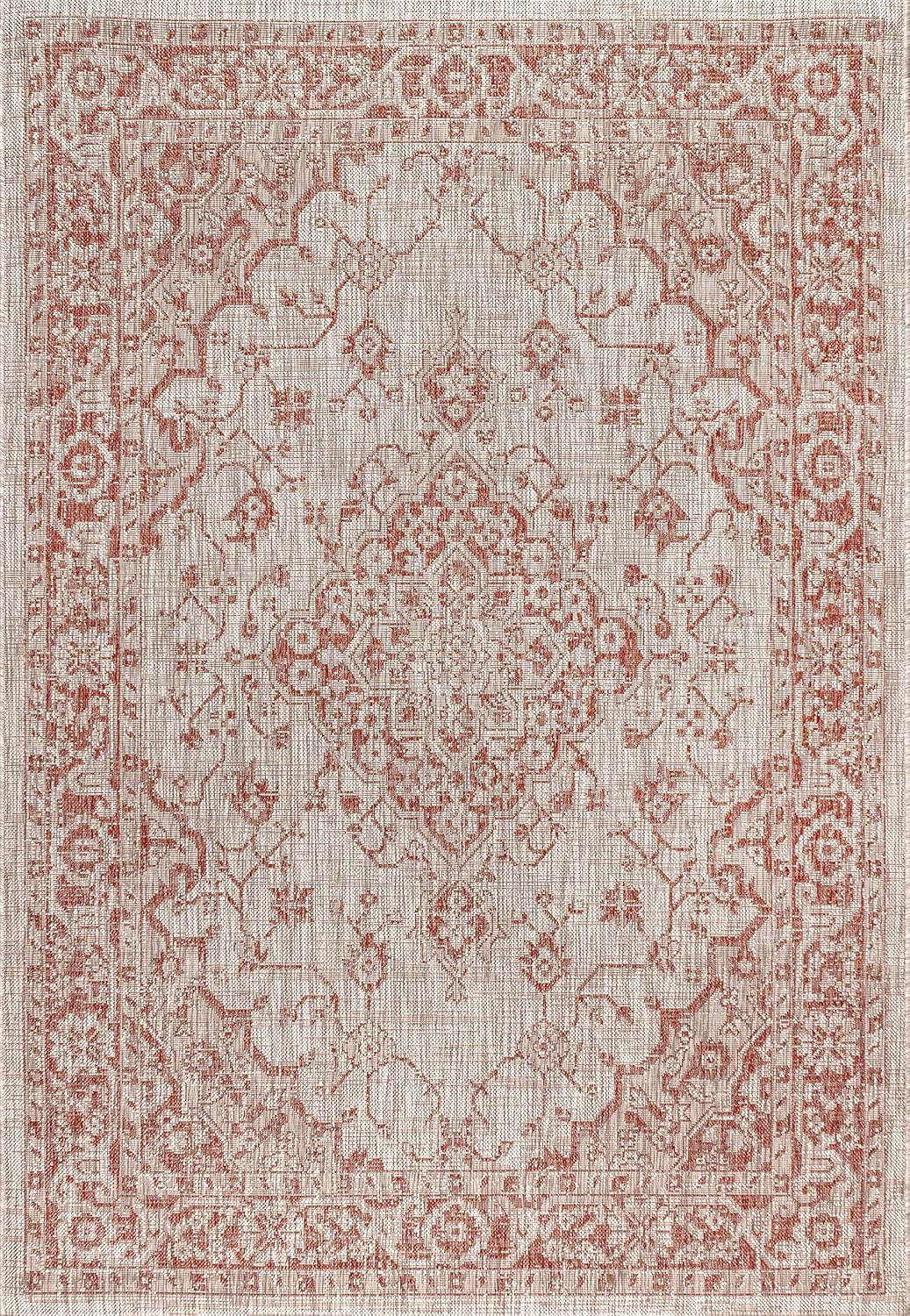4'x6' Rozetta Boho Medallion Textured Weave Indoor/Outdoor Area Rug, Red/Taupe - JONATHAN Y