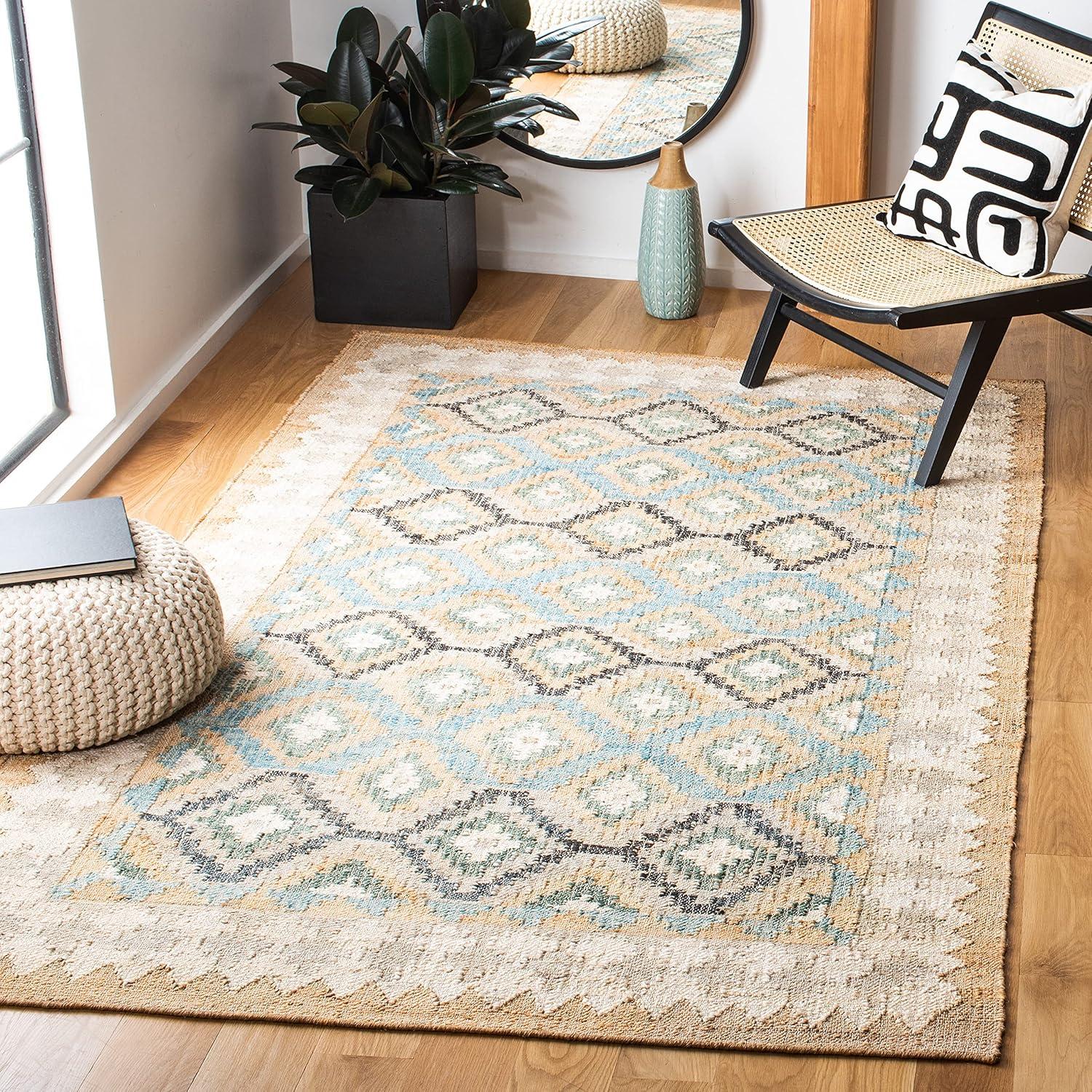 Handmade Blue Wool Square Flat Woven Area Rug