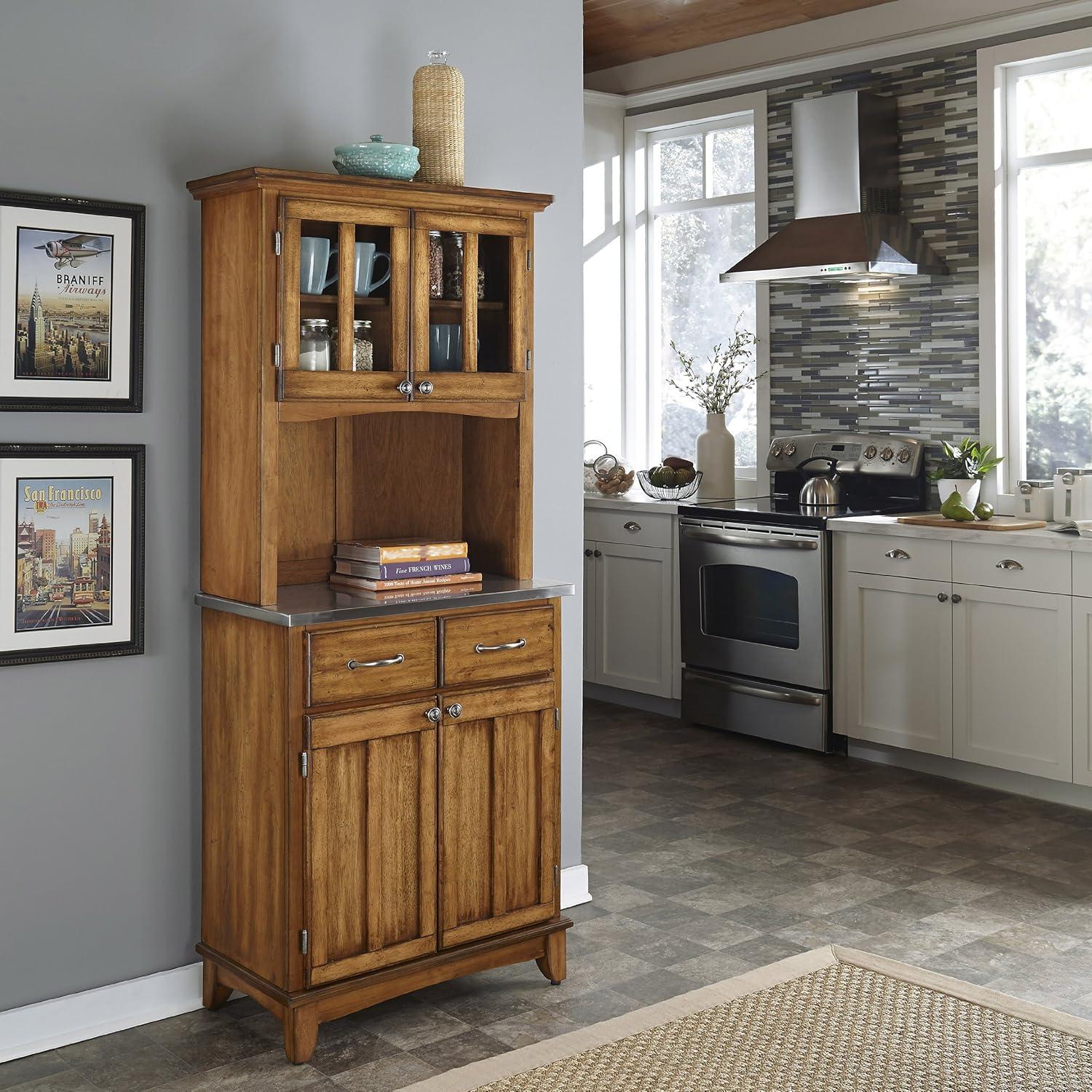 Cottage Oak Wood China Cabinet with Stainless Steel Top