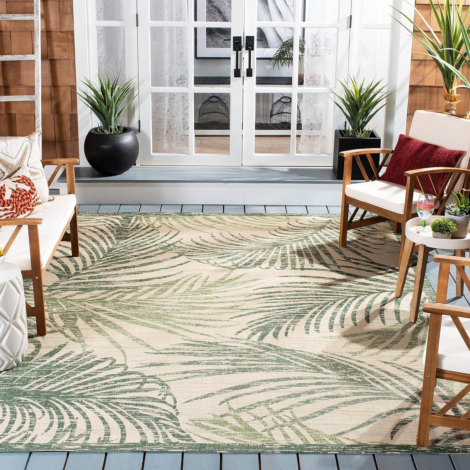 Beige and Green Botanical 9' x 12' Reversible Indoor/Outdoor Rug