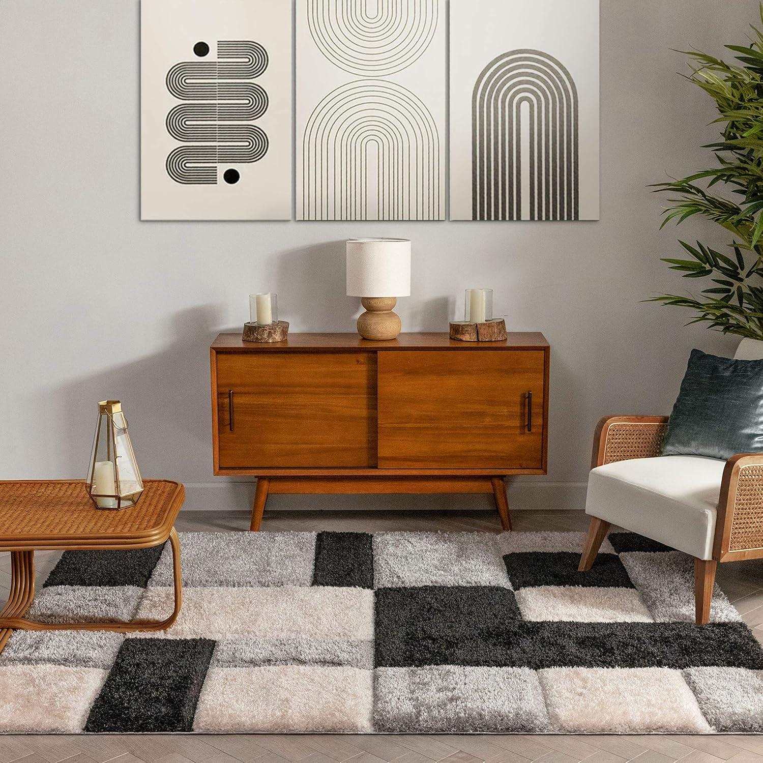 Well Woven Ella Geometric Boxes Thick Soft 3D Textured Shag 5'3" x 7'3" Blush Area Rug