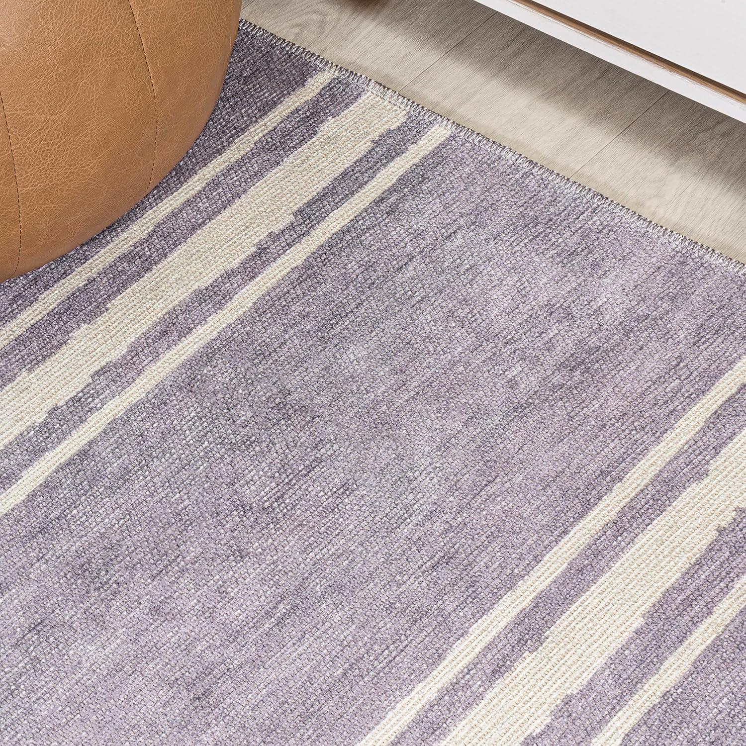 Lavender Ivory Stripe Machine-Washable Rectangular Area Rug