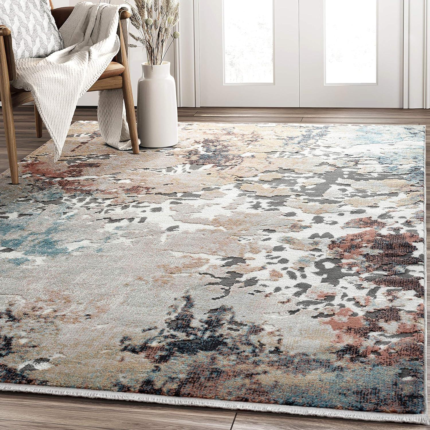 Ivory Abstract 4' x 6' Synthetic Easy-Care Area Rug