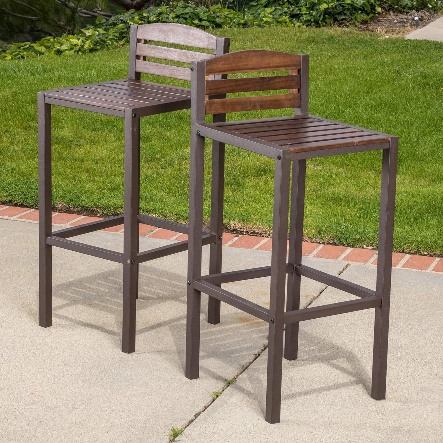 Milos Set of 2 Acacia Barstool - Dark Brown / Rustic Metal - Christopher Knight Home: UV & Weather-Resistant Patio Seating