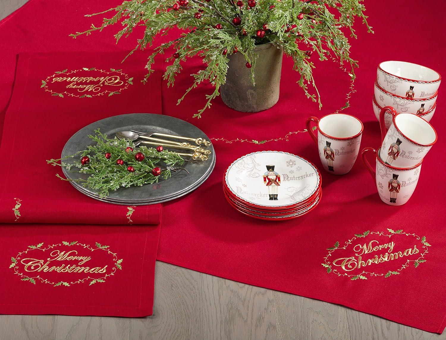 Red Polyester Merry Christmas Embroidered Table Runner