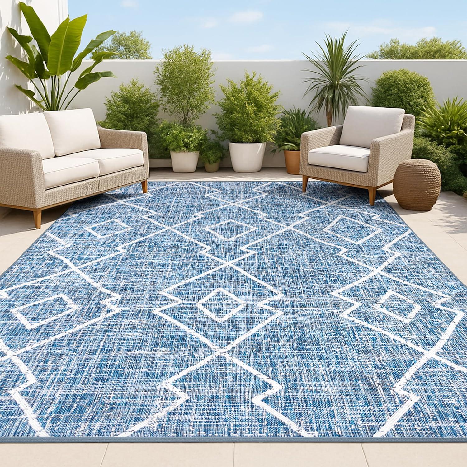 3'x5' Carwa Diamond Trellis Indoor/Outdoor Area Rug, Blue/Ivory - JONATHAN Y