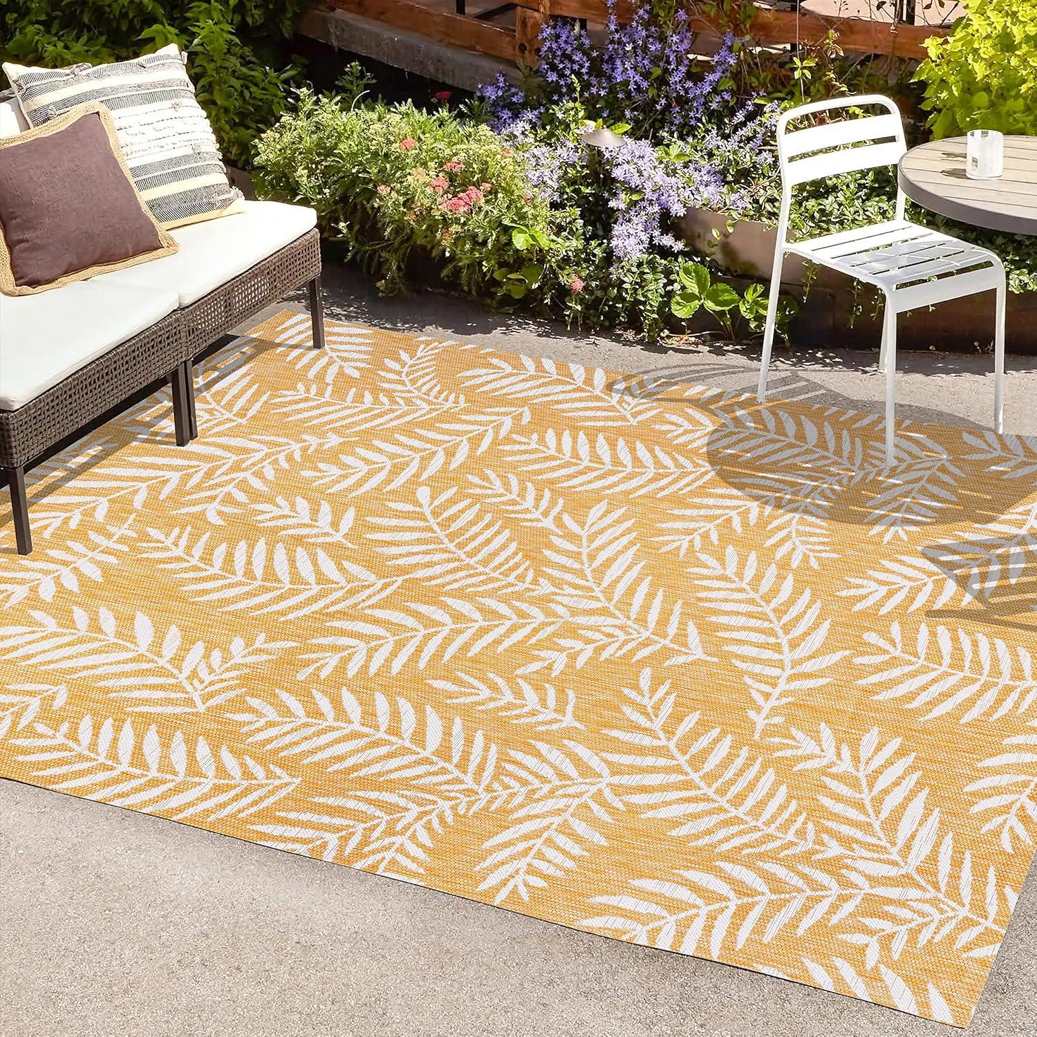 5' x 8' Nevis Palm Frond Indoor/Outdoor Area Rug, Yellow/Cream - JONATHAN Y