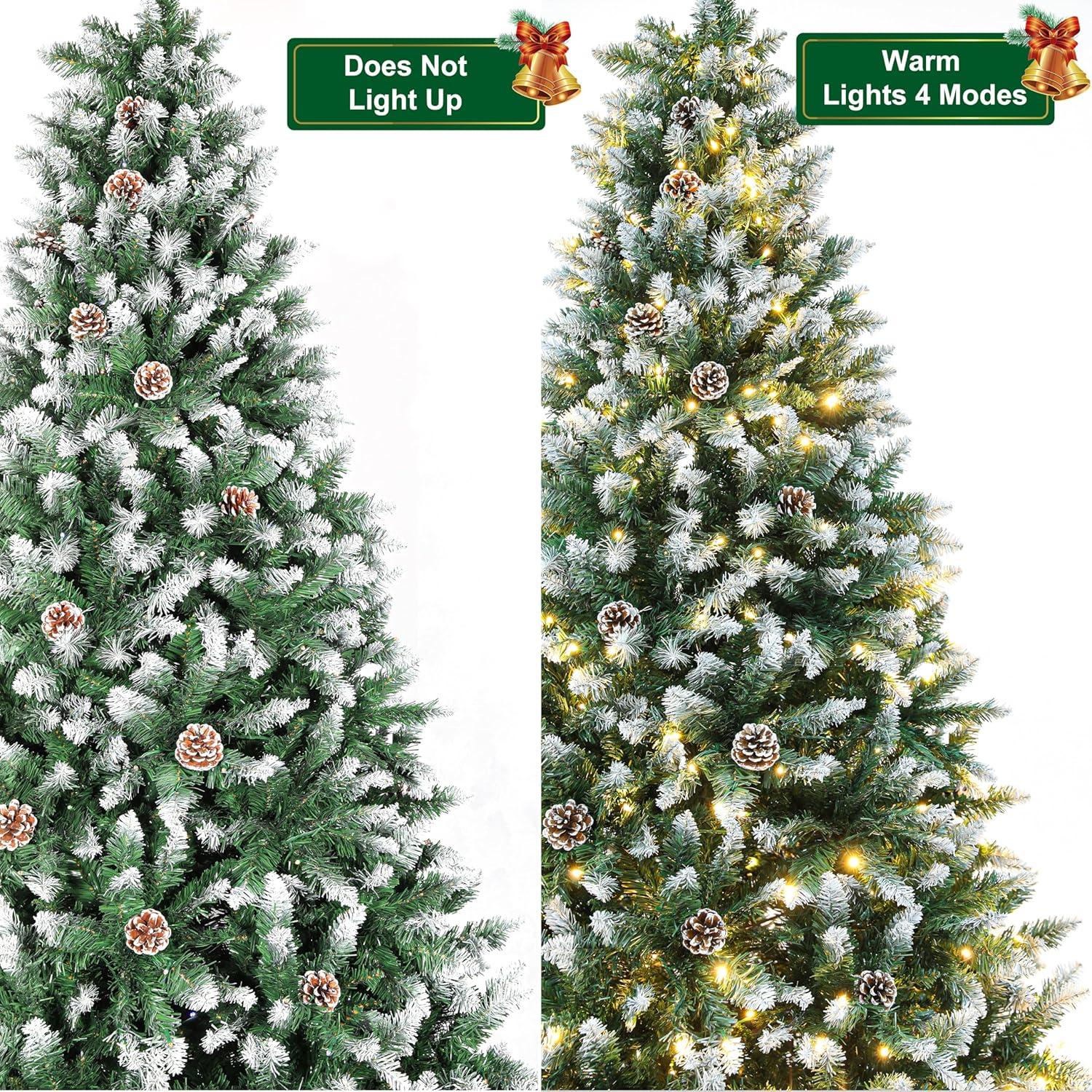 Ayieyill 6FT Pre-Lit Artificial Christmas Tree with 600 Snow Sprayed Tips 150 LED Lights 30 Snowflakes Ornaments