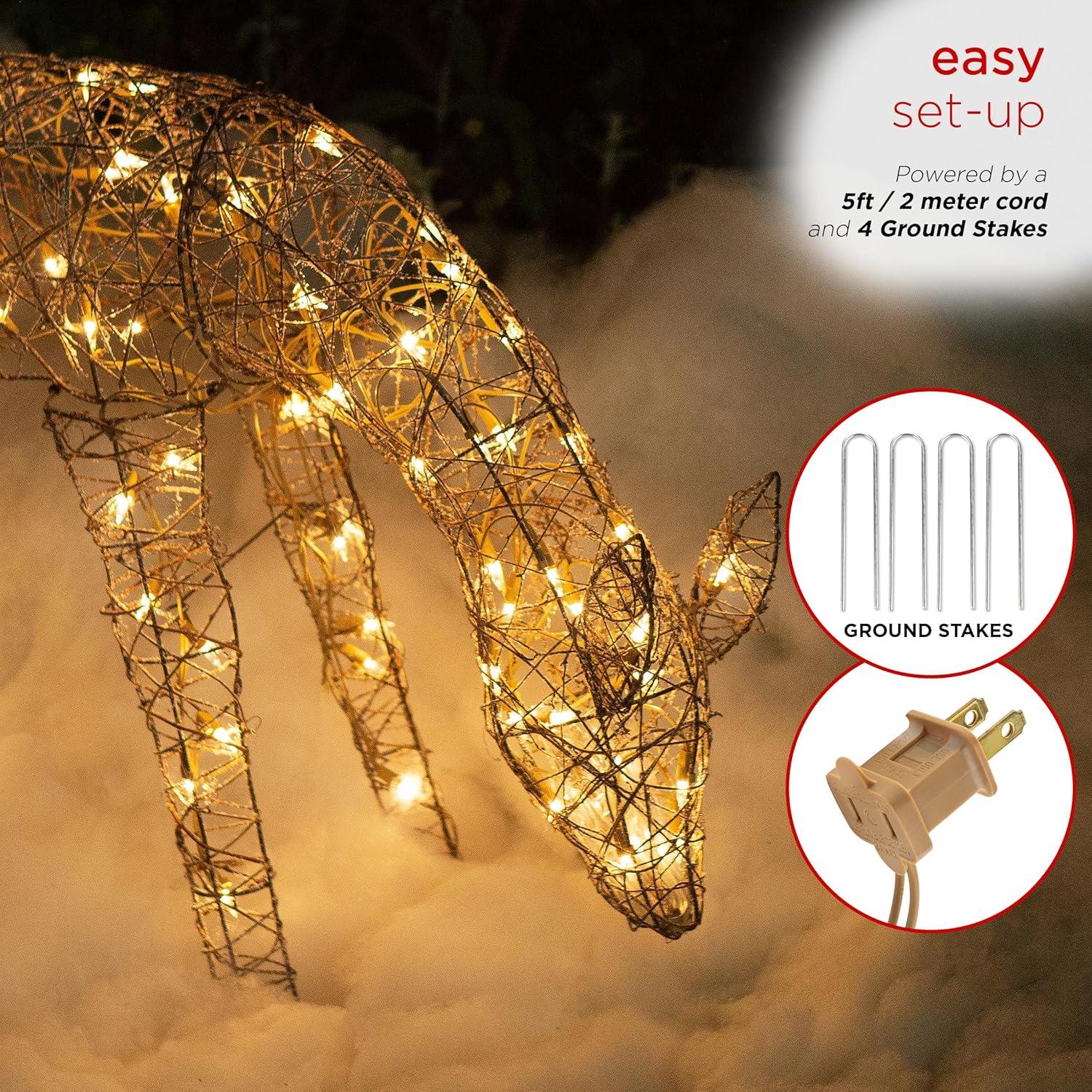 Alpine Corporation Grazing Rattan Reindeer Decoration with White Halogen Lights