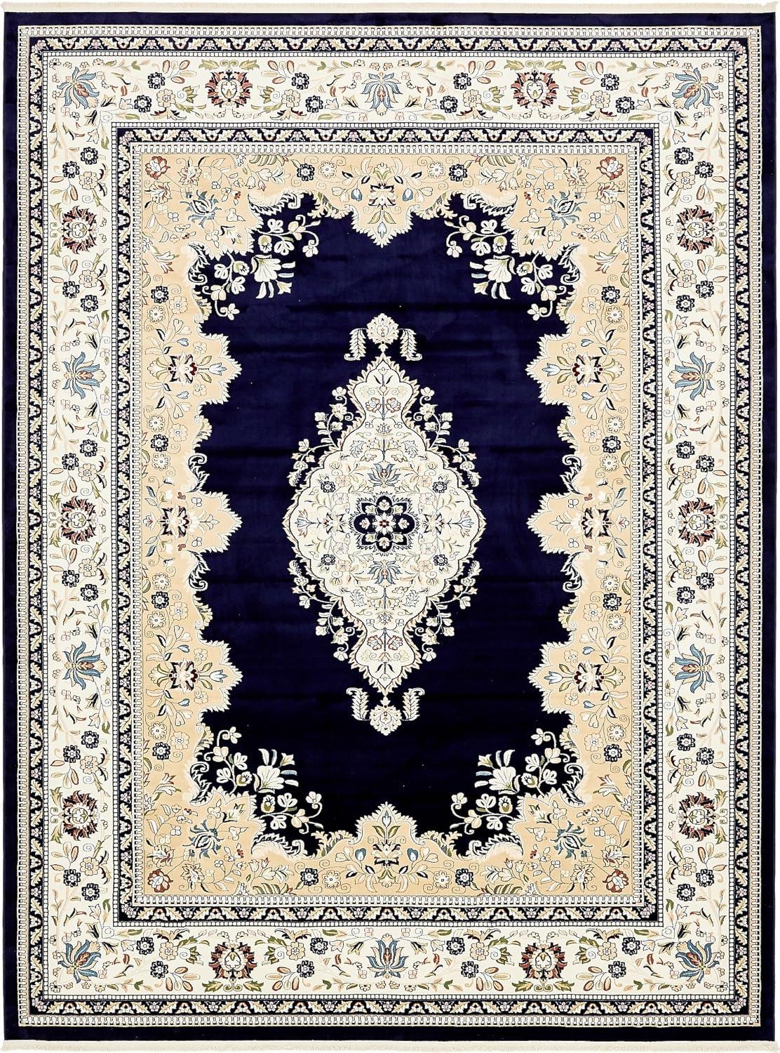 Elegant Navy Blue Floral 10' x 13' Synthetic Rectangular Rug