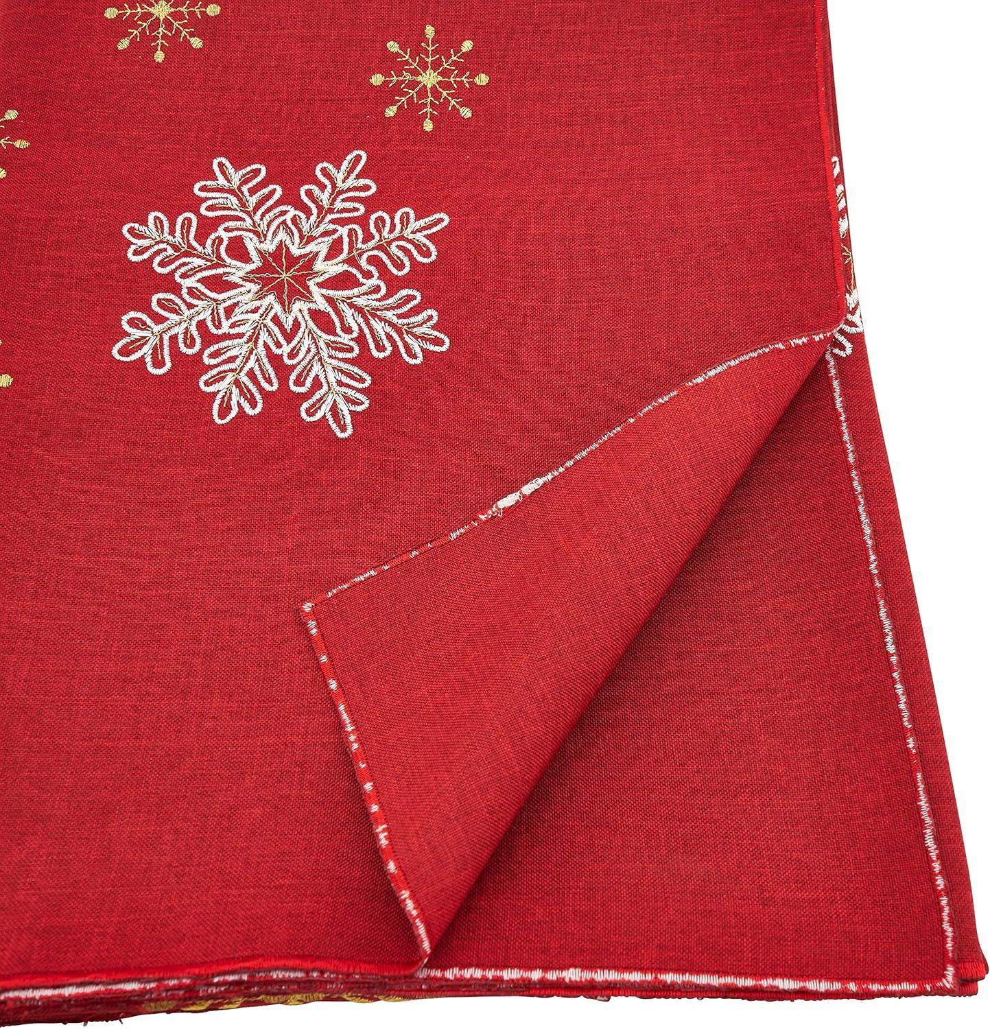 Fennco Styles Embroidered Snowflake Christmas Tablecloth 70 x 140 Inch - Red Table Cover for Holiday Décor, Family Gathering, Special Events and Everyday Use