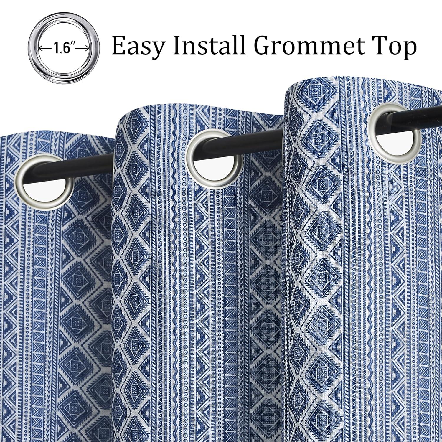 Fragrantex Semi Sheer Curtains 84 Inch Length for Living Room, Blue Geometric Boho Curtains for Bedroom 2 Panels Set Soft Linen Textured Print Curtains Grommet Semi Sheer, 50”W x 84”L x2