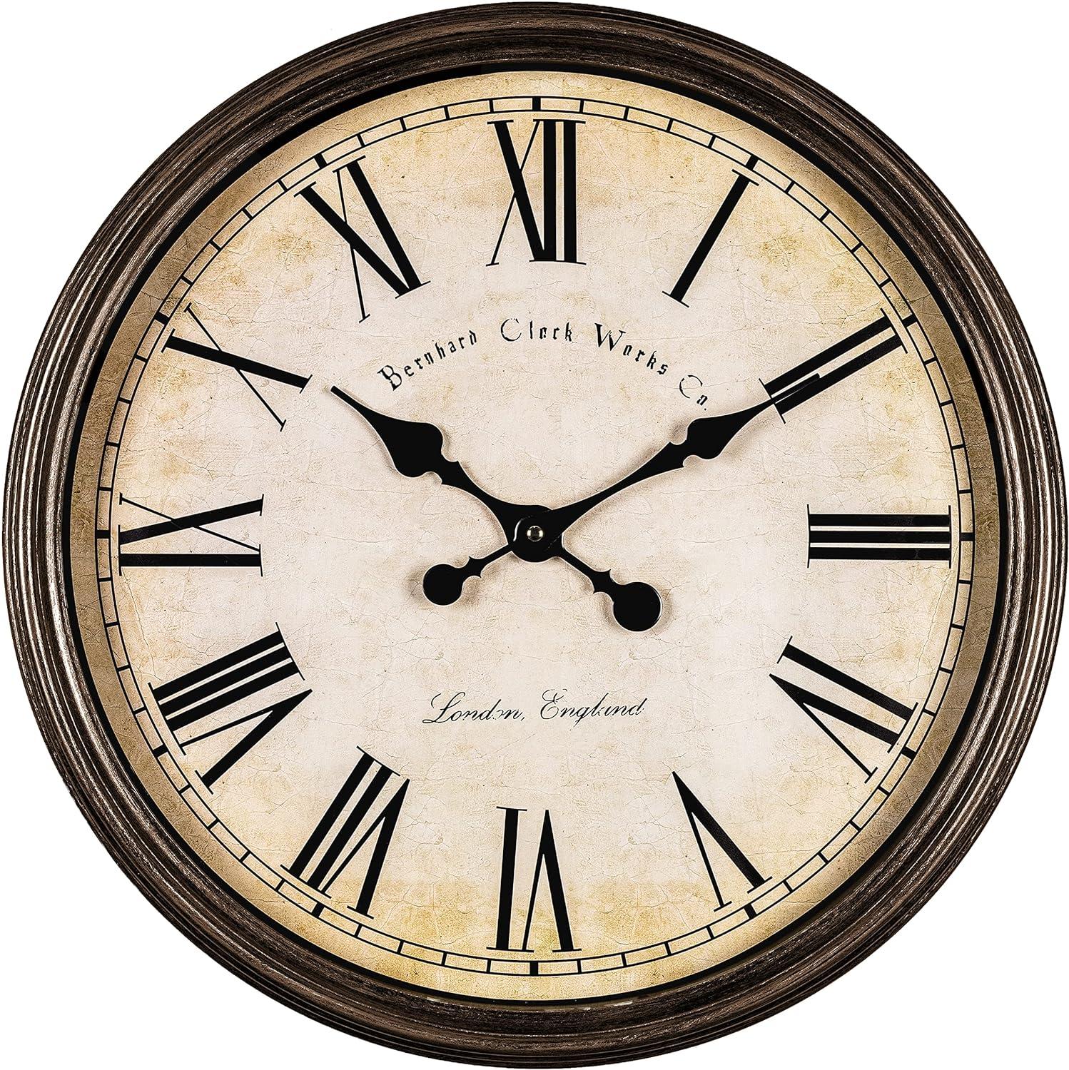 20-Inch Rustic Brown Round Silent Wall Clock with Roman Numerals