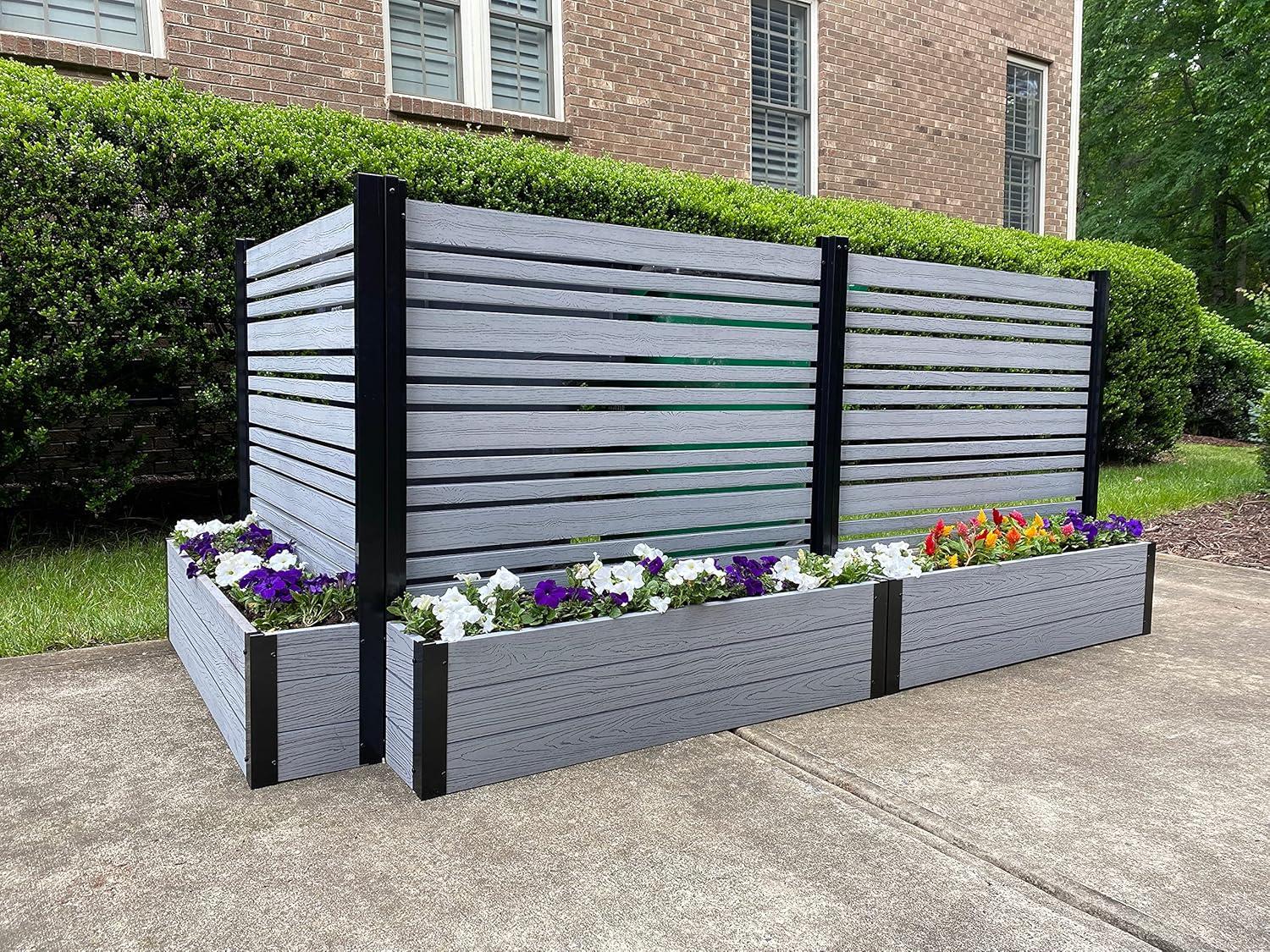 Ash Gray Vinyl Privacy Screen with Planter Box for Outdoor Use