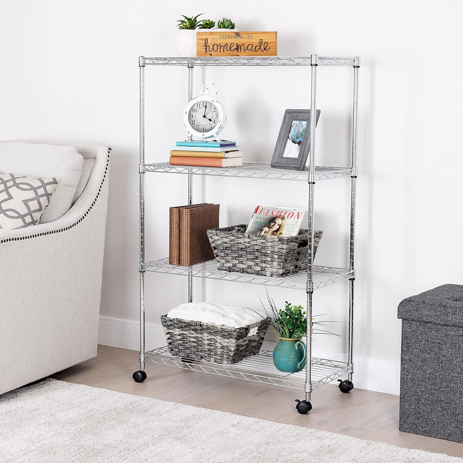 Seville Classics 4-Tier Steel Wire Shelving with Wheels, 30" W x 14" D x 48" H, Chrome