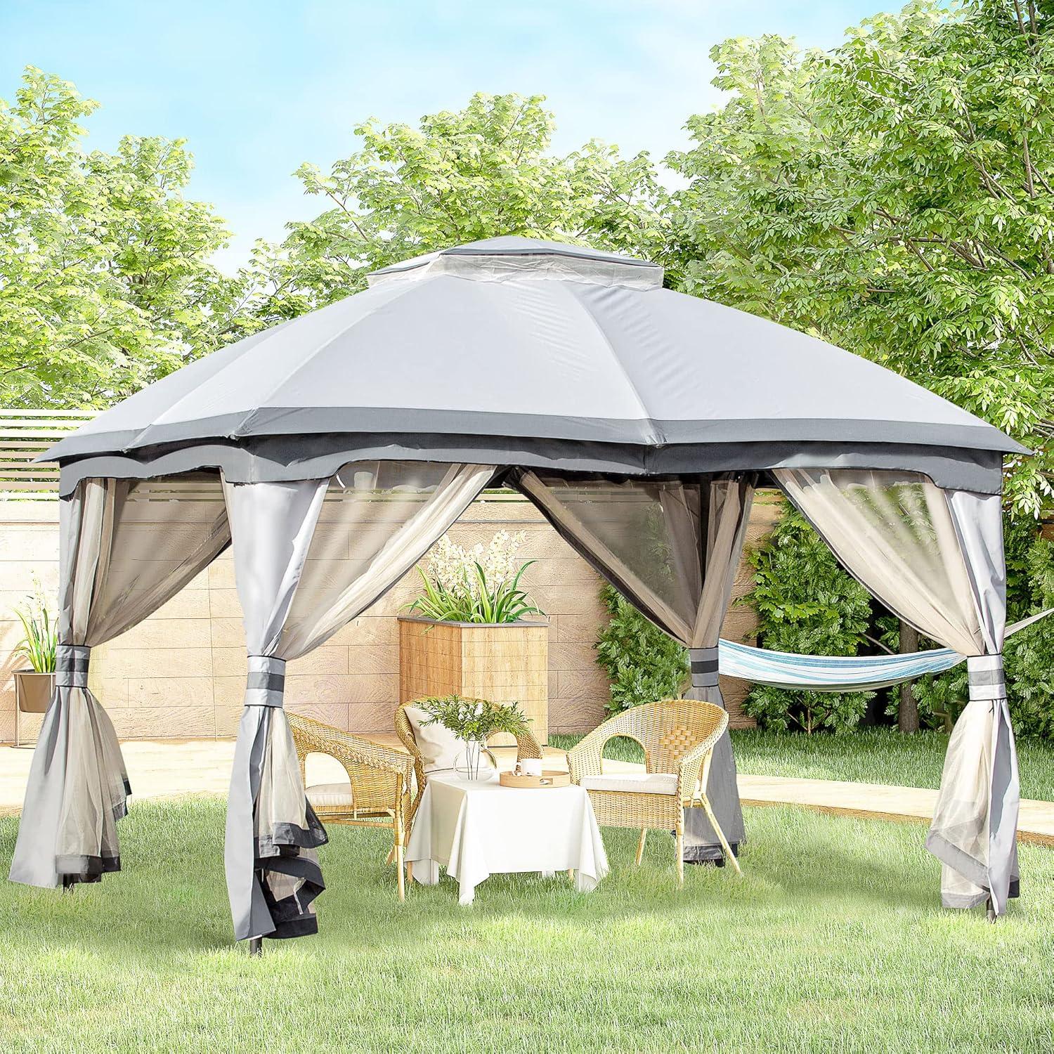 Gray Steel Outdoor Gazebo with Mesh Sidewalls and Vented Roof