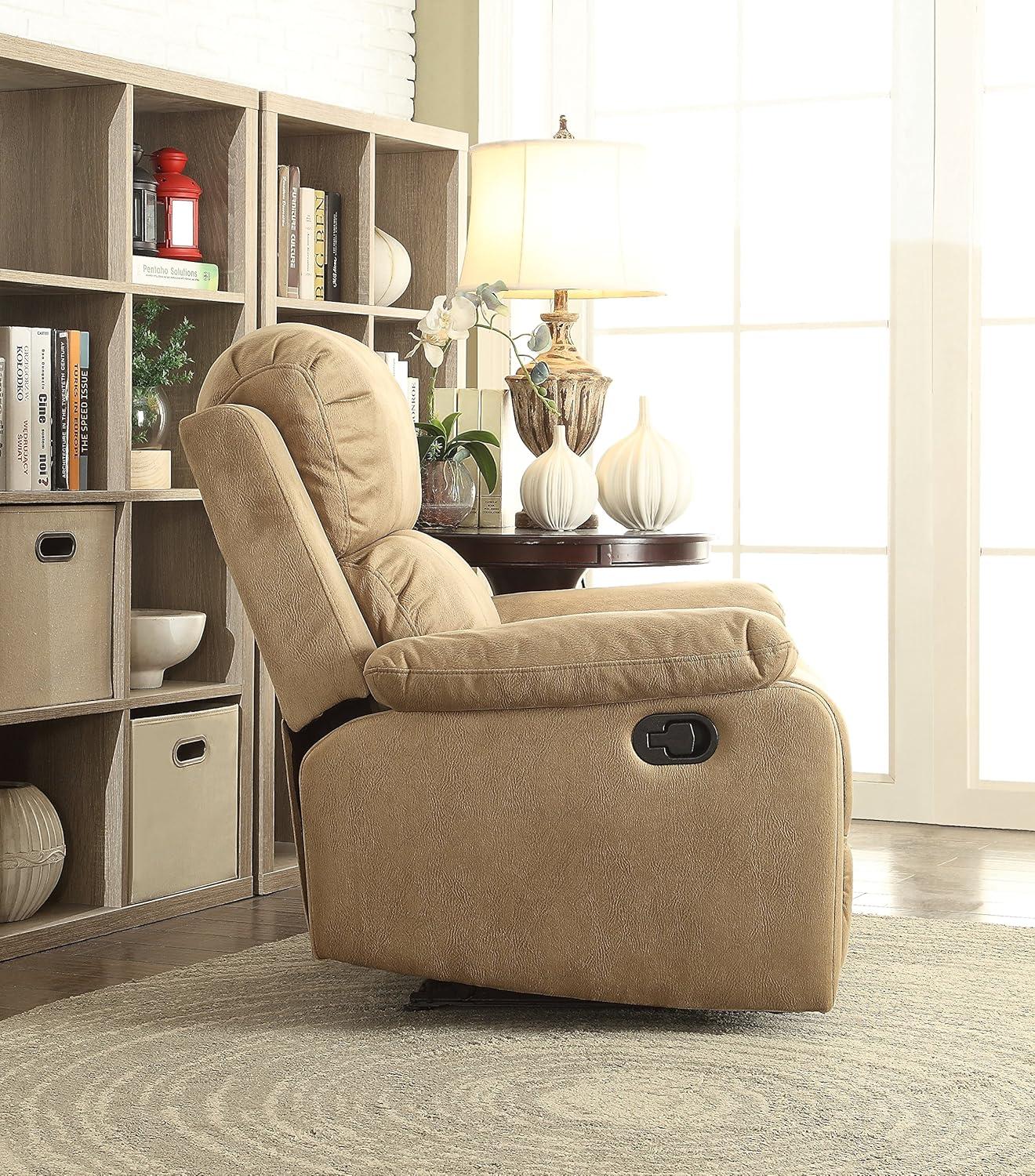 Light Brown Polished Microfiber Wood Recliner with Memory Foam