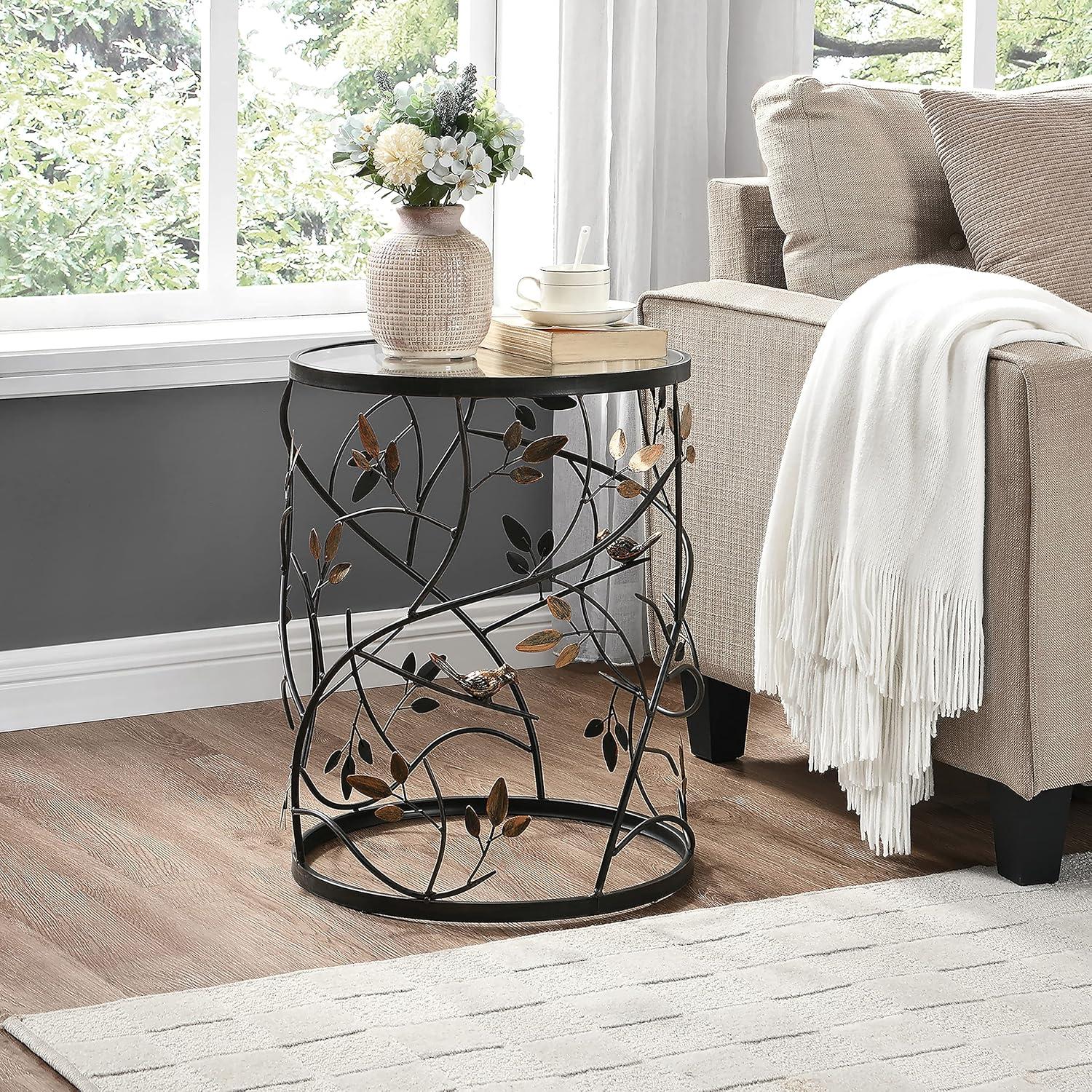 Aged Bronze Bird & Branches Round Side Table with Glass Top