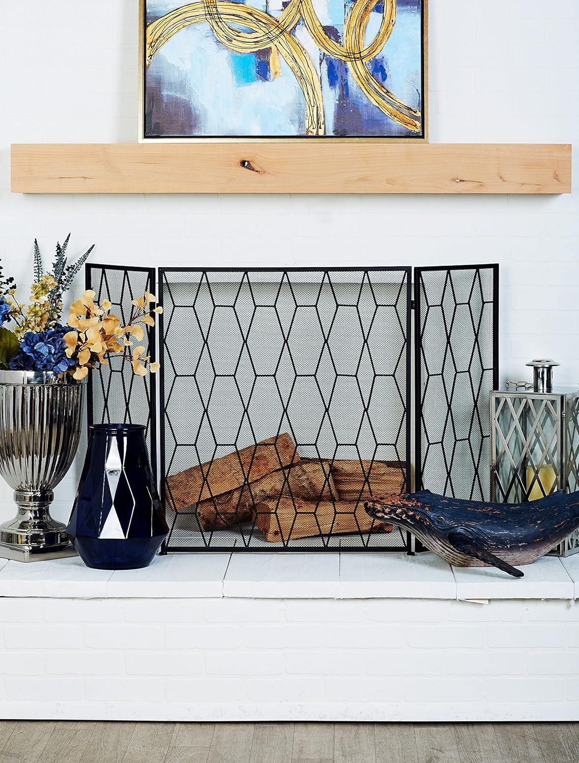 DecMode 51" x 31" Black Metal Foldable 3 Panel Geometric Fireplace Screen with Mesh Netting, 1-Piece