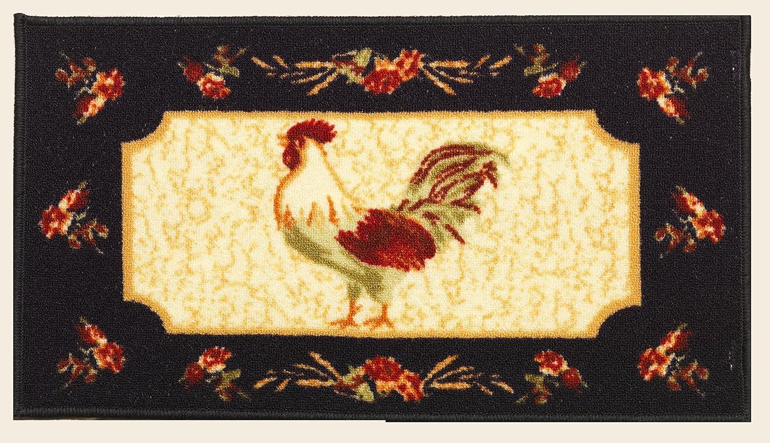 Kashi Home Kitchen Rug, Printed Area Rug, Durable Floor, Door Mat, Farmhouse Non-Slip Carpet Latex Backing Beautiful Design Rooster 3pc Set (2 18x30 D Shape & 1 20x40)
