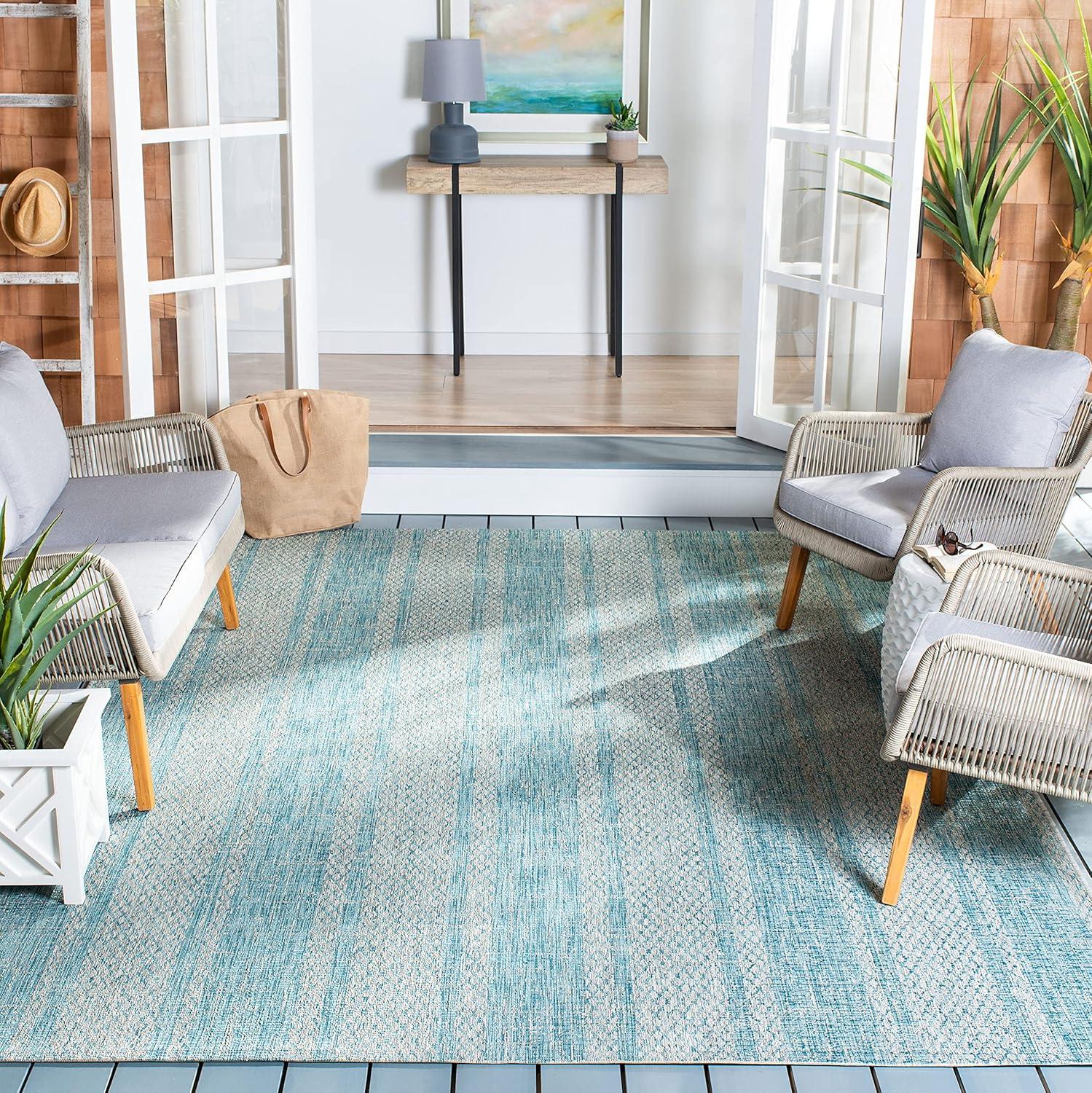 Courtyard CY8736 Power Loomed Indoor and Outdoor Area Rug - Light Grey/Aqua - 6'7"x6'7" - Safavieh