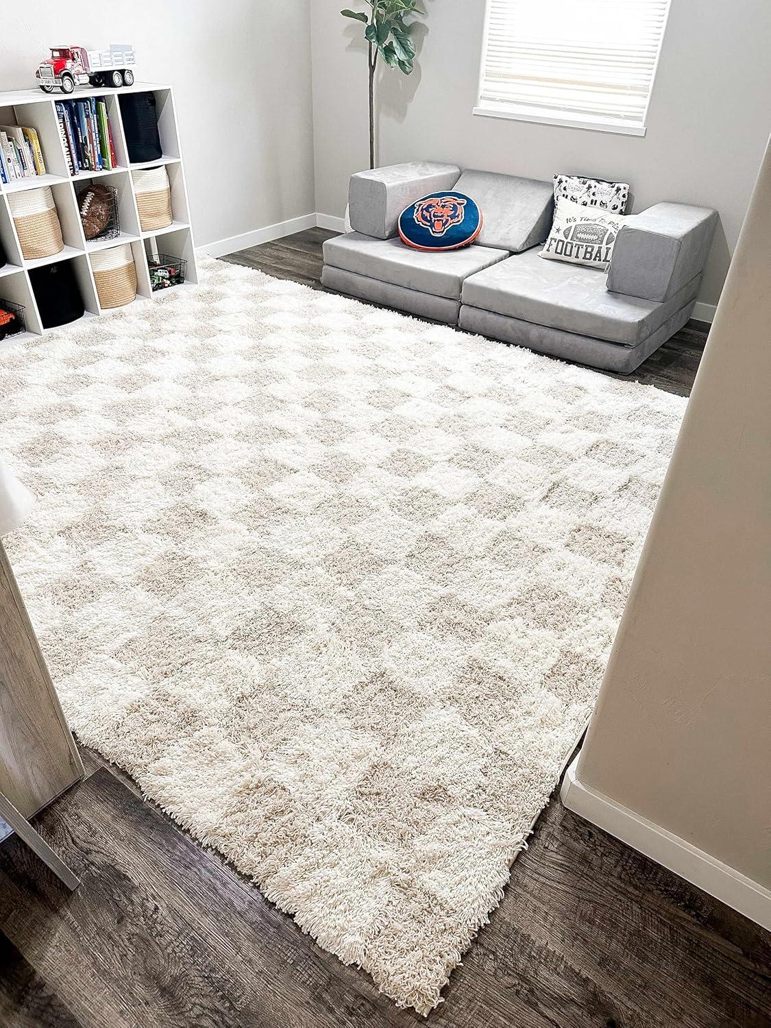 Hauteloom Atira Checkered Shag Area Rug - Checkboard Design - High Pile Fluffy Shaggy Touch - Square Tiles - Kids Room, Nursery, Living Room Shaggy Carpet - Beige, Cream, White - 6'7" x 9'6"